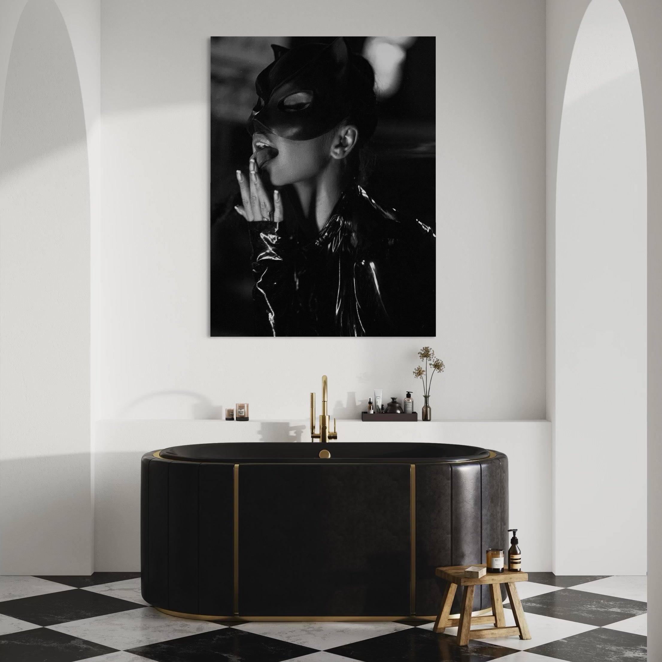 Tablou Canvas Premium, LuxCanva® P1058, Sub Semnul Felinei, Masca, Excentric, Identitate, Negru, Nocturn, Joc, Ritual, Felina, Costumatie, Senzuala, Provocatoare, Living, Dormitor