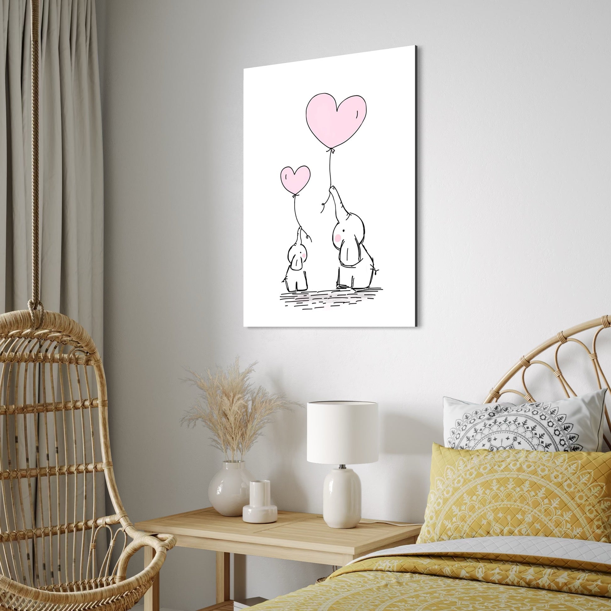 Tablou Canvas Premium, LuxCanva® K1030, Baloane de Afectiune, Legatura, Elefant, Inimi, Dragoste, Inocenta, Mic, Mare, Impreuna, Cer, Vant, Gingasie, Copilarie, Camera Copil, Dormitor