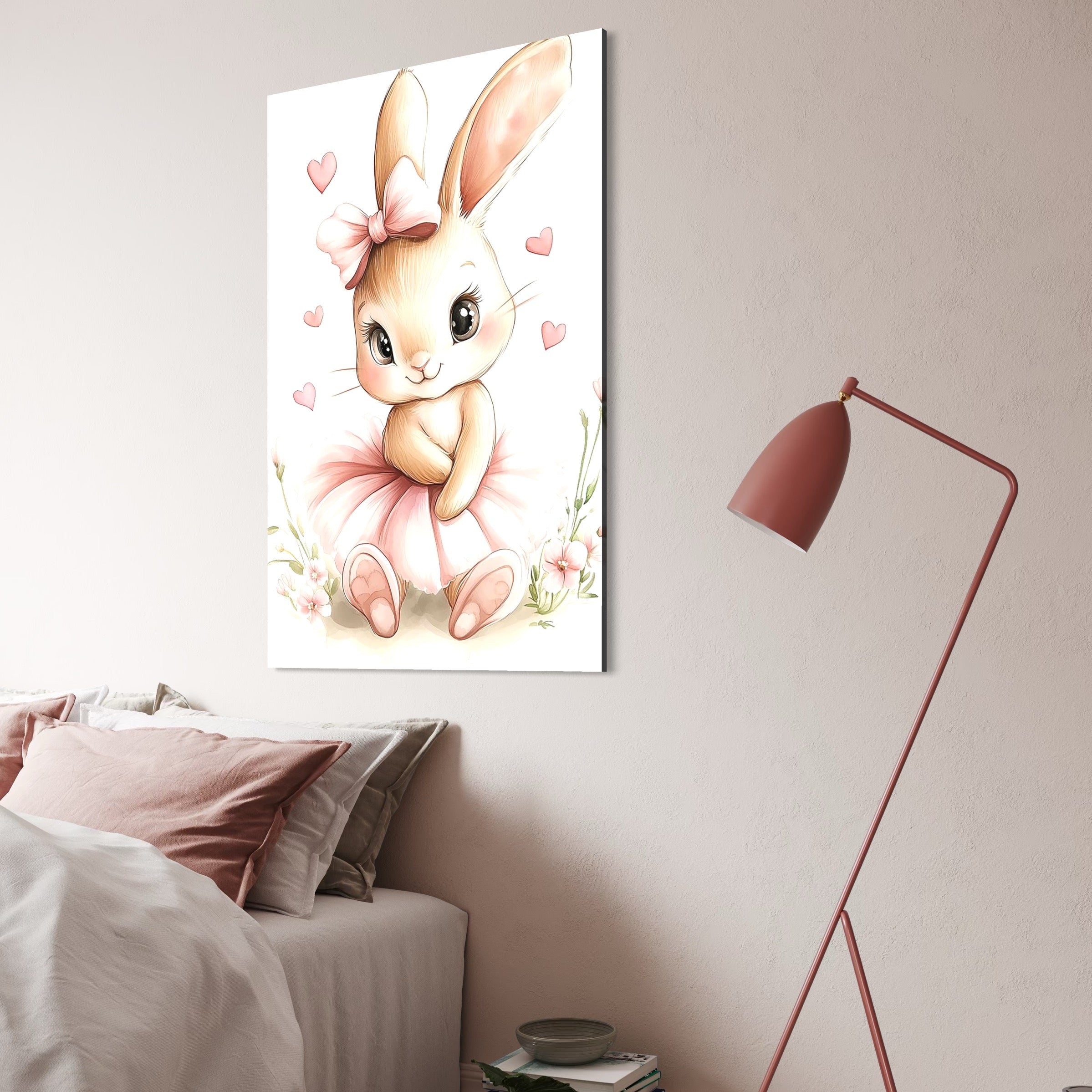 Tablou Canvas Premium, LuxCanva® K1033, Iepurasul Balerina, Gingasie, Rochita, Fundita, Roz, Printesa, Inimioare, Zambet, Tutu, Urechi, Privire, Copilaresc, Jucausa, Camera Copil, Dormitor