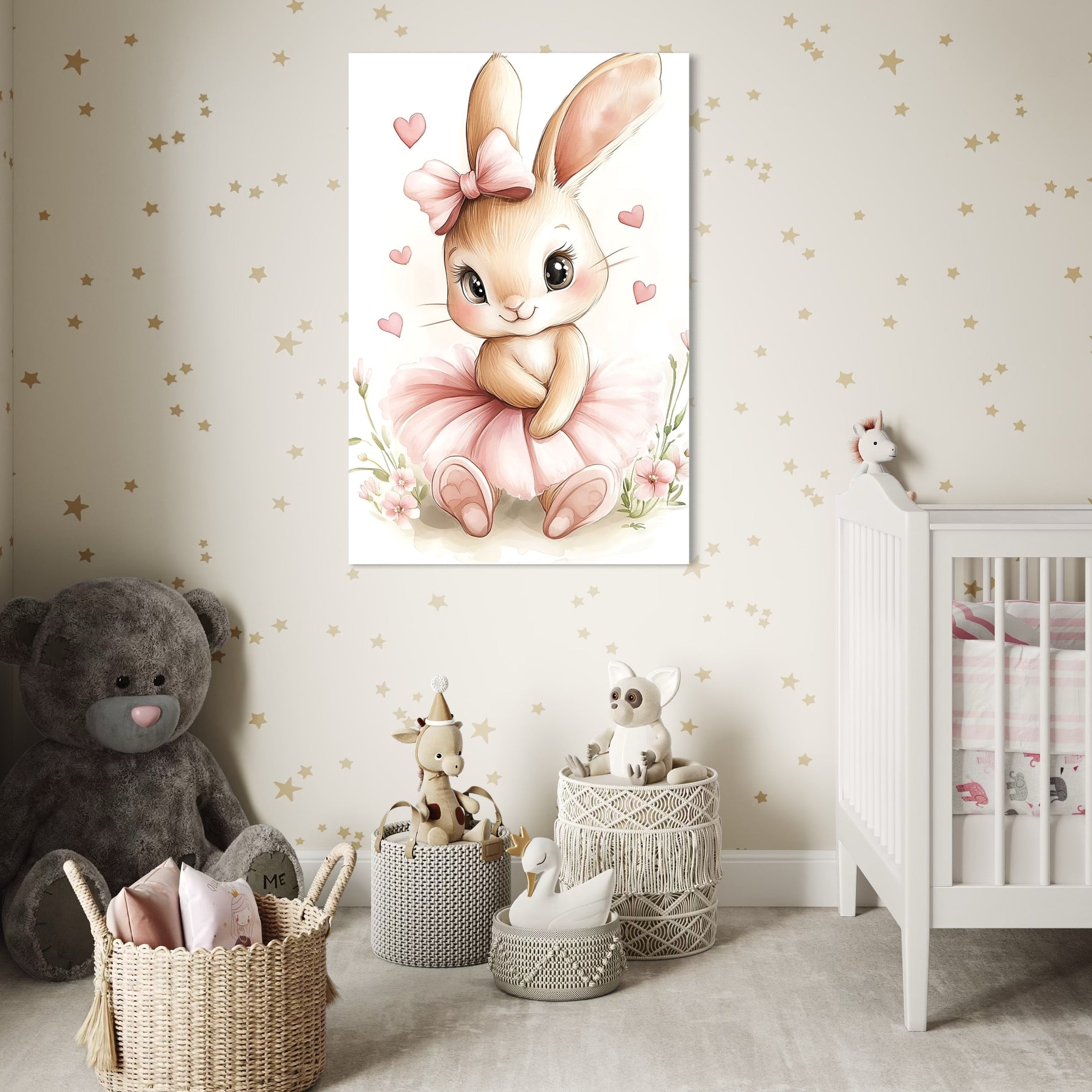 Tablou Canvas Premium, LuxCanva® K1033, Iepurasul Balerina, Gingasie, Rochita, Fundita, Roz, Printesa, Inimioare, Zambet, Tutu, Urechi, Privire, Copilaresc, Jucausa, Camera Copil, Dormitor