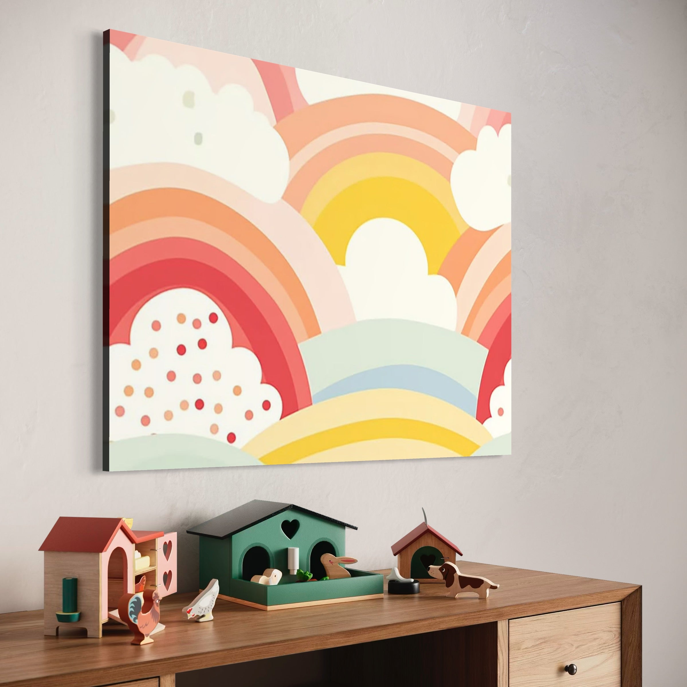 Tablou Canvas Premium, LuxCanva® K1034, Zambetul Cerului, Pastel, Curcubeu, Nori, Pufosi, Energie, Blandete, Atmosfera, Copilarie, Cer, Poveste, Optimism, Fericire, Camera Copil, Dormitor