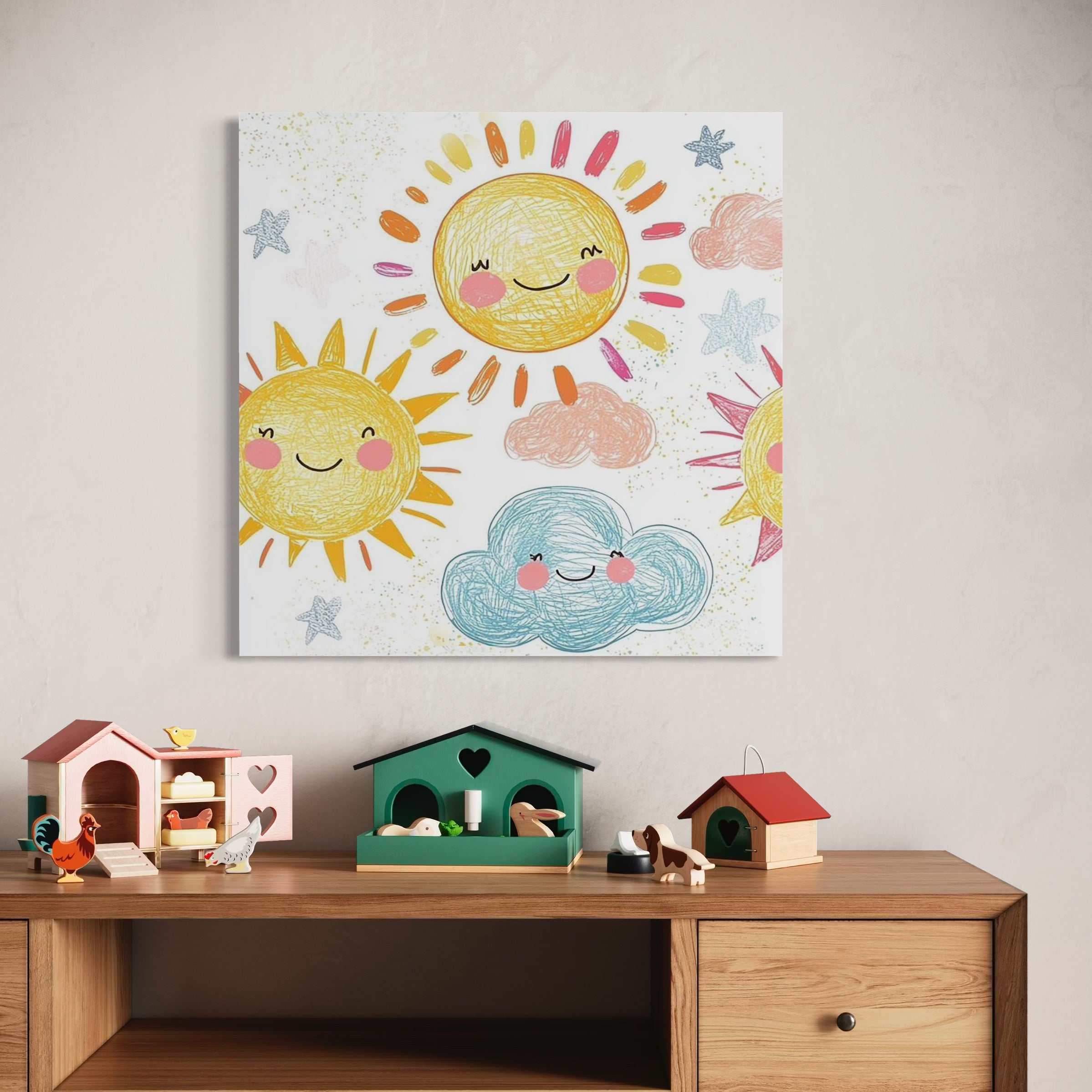 Tablou Canvas Premium, LuxCanva® K1035, Magia Cerului Copilaresc, Zambete, Cer, Soare, Joc, Obraz, Roz, Norisori, Veselie, Raze, Dans, Stele, Magie, Copilarie, Inocenta, Camera Copil, Dormitor