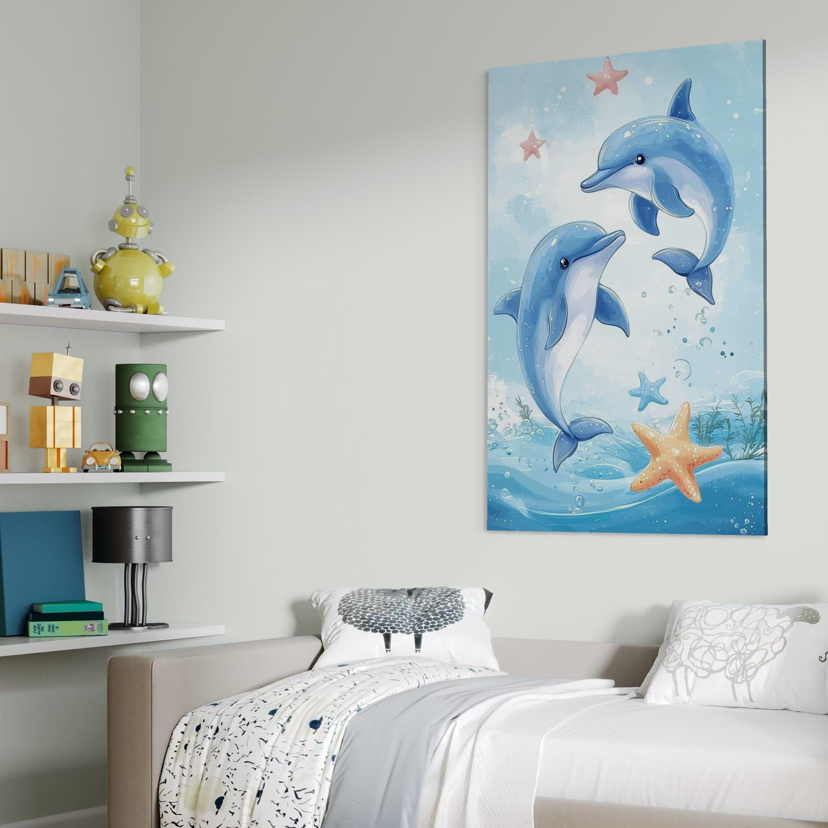 Tablou Canvas Premium, LuxCanva® K1038, Balet Marin, Dans, Delfini, Prietenie, Valuri, Ocean, Salturi, Subacvatic, Libertate, Apa, Joaca, Veselie, Magie, Explorare, Camera Copil, Dormitor