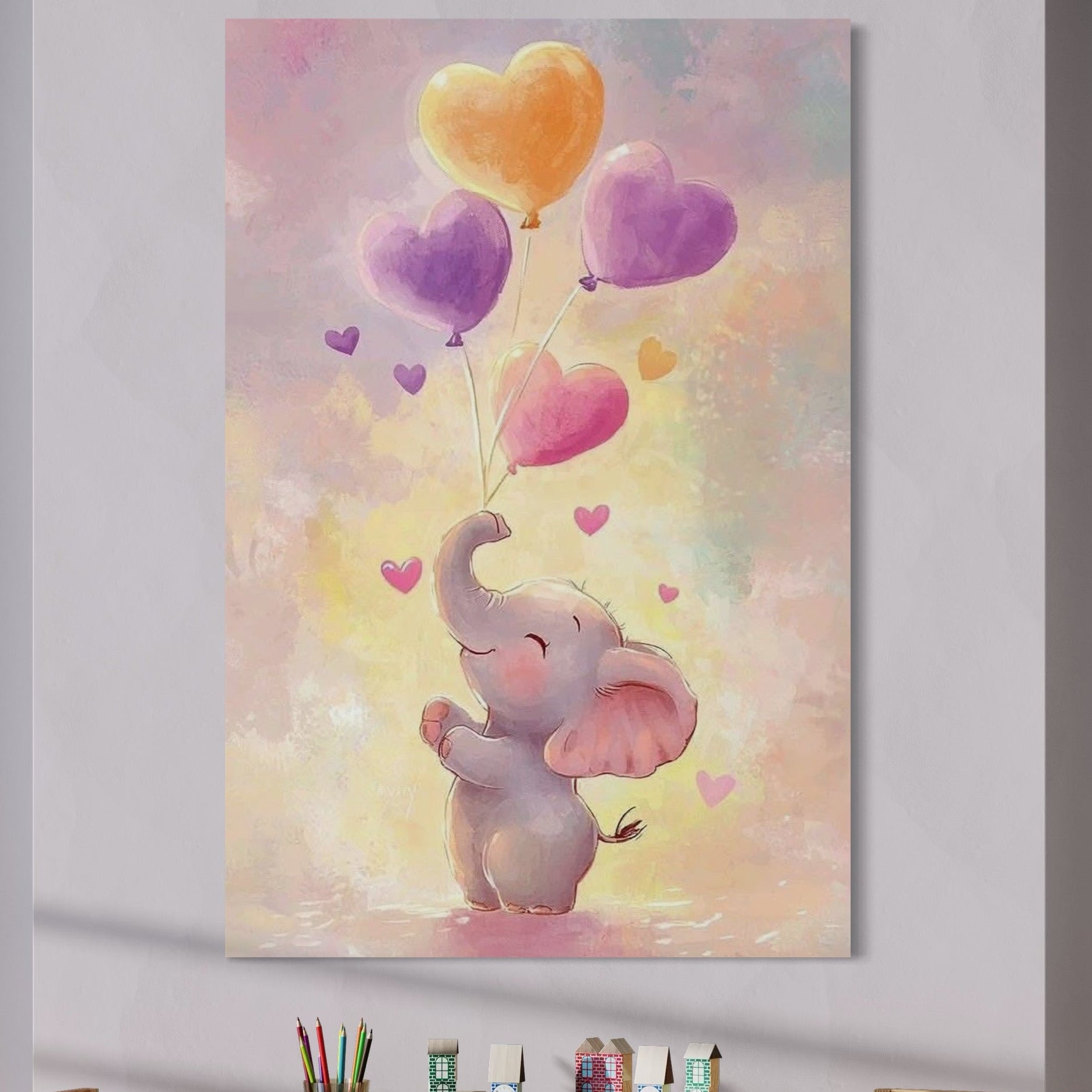 Tablou Canvas Premium, LuxCanva® K1039, Elefantelul Visator, Emotie, Zbor, Inimi, Baloane, Bucurie, Vant, Fericire, Micut, Pui, Iubire, Gingasie, Dulce, Pastel, Magie, Camera Copil, Dormitor