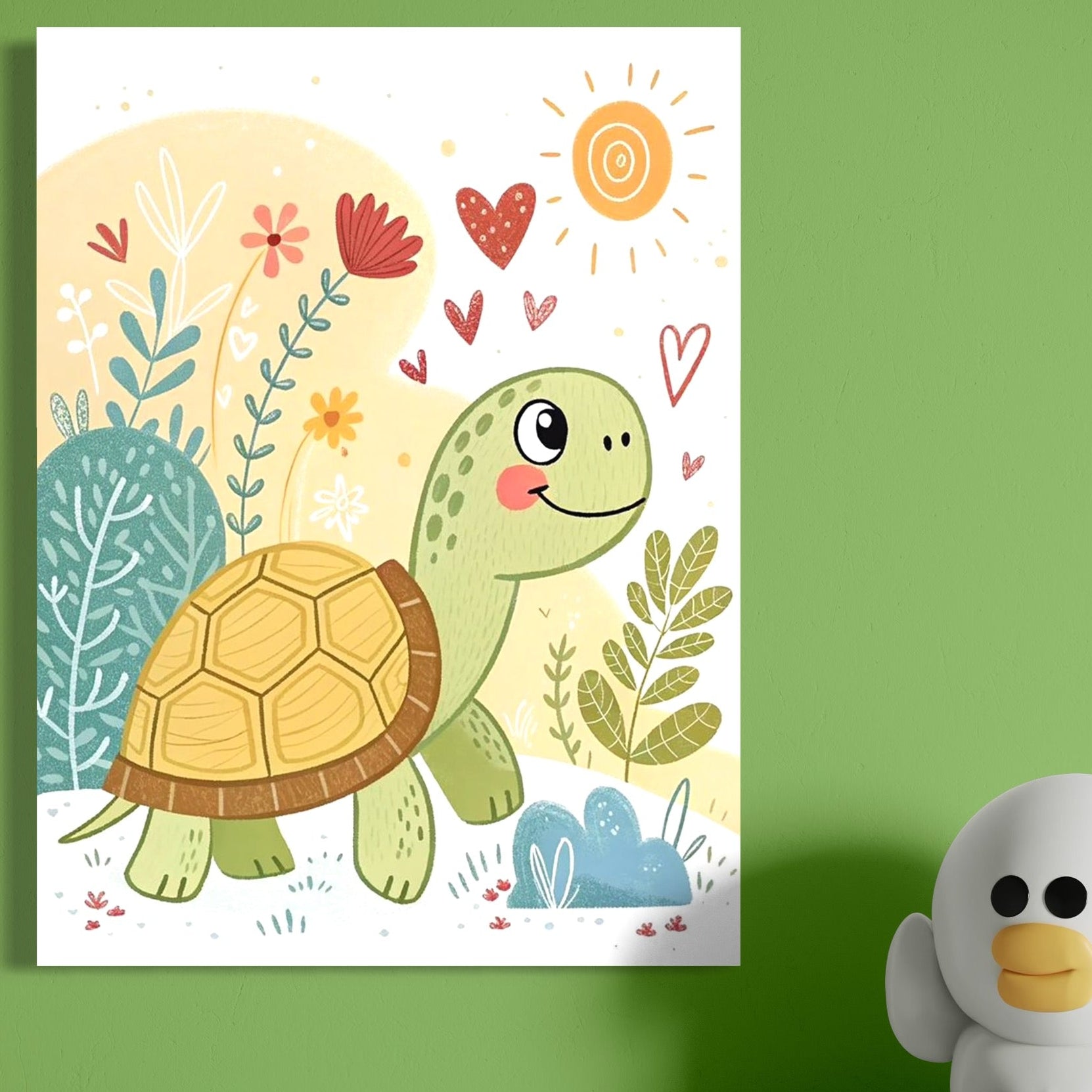 Tablou Canvas Premium, LuxCanva® K1043, Zambet din Carapace, Testoasa, Broasca, Gradina, Aventura, Soare, Curaj, Plimbare, Inimi, Flori, Copilaresc, Natura, Colorat, Camera Copil, Dormitor