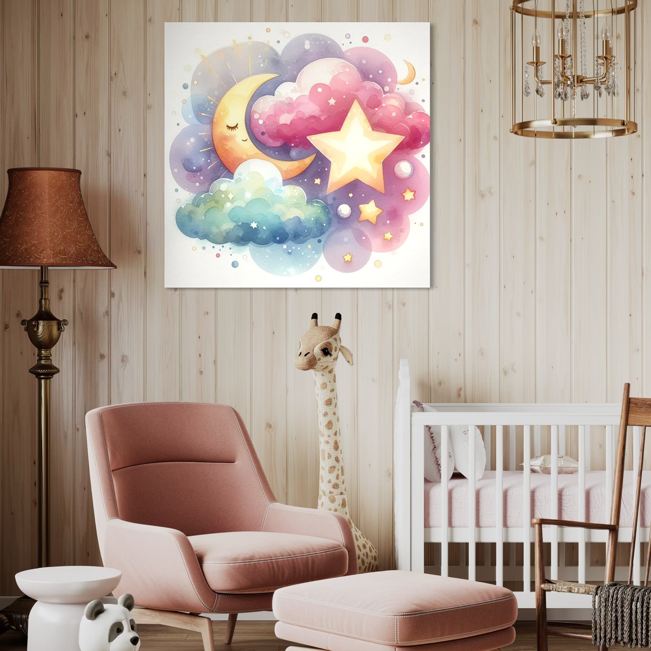 Tablou Canvas Premium, LuxCanva® K1044, Steaua care Aprinde Visul, Luna, Stelute, Norisori, Acuarela, Cer, Noapte, Visare, Sclipiri, Fantezie, Copilarie, Cosmos, Camera Copil, Dormitor