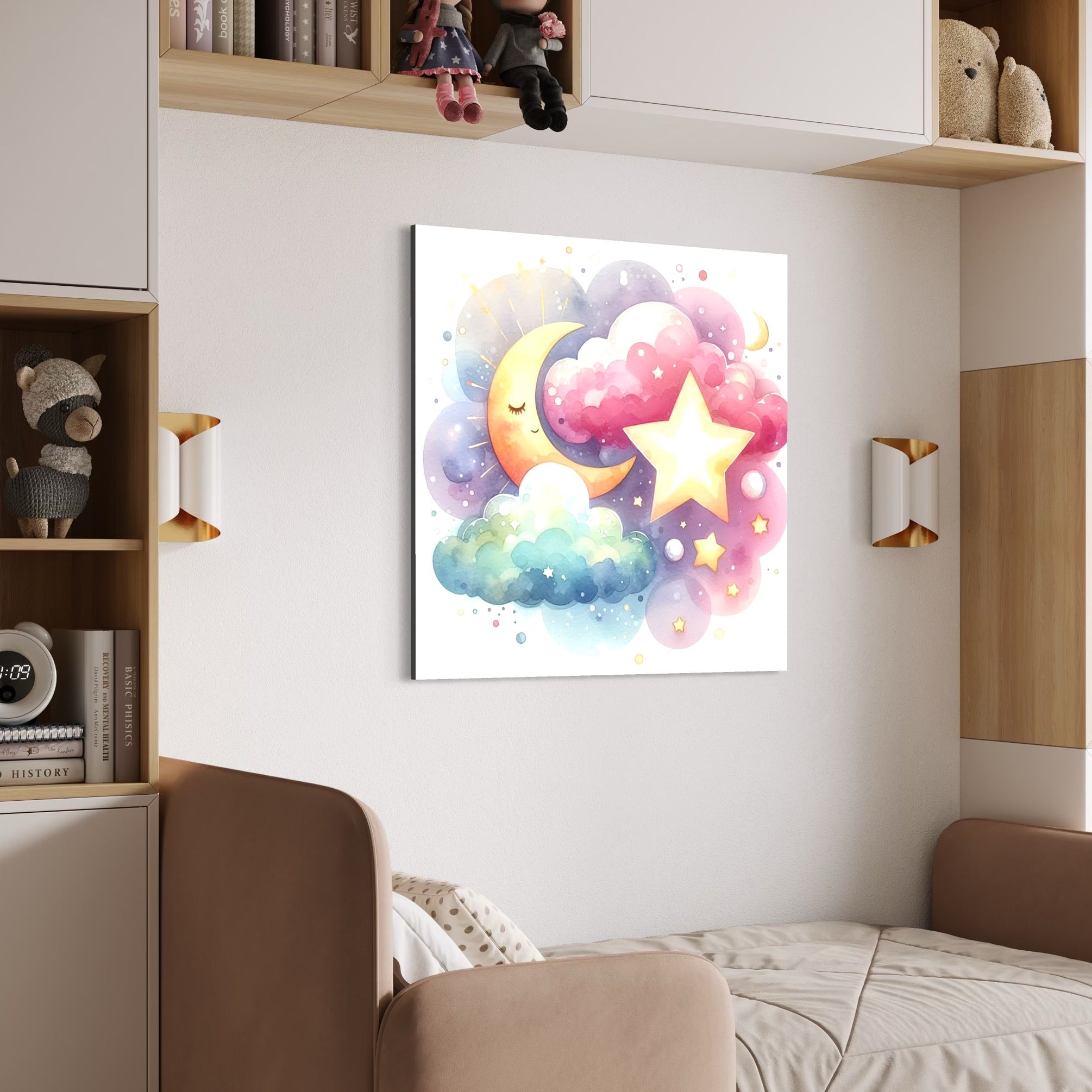 Tablou Canvas Premium, LuxCanva® K1044, Steaua care Aprinde Visul, Luna, Stelute, Norisori, Acuarela, Cer, Noapte, Visare, Sclipiri, Fantezie, Copilarie, Cosmos, Camera Copil, Dormitor