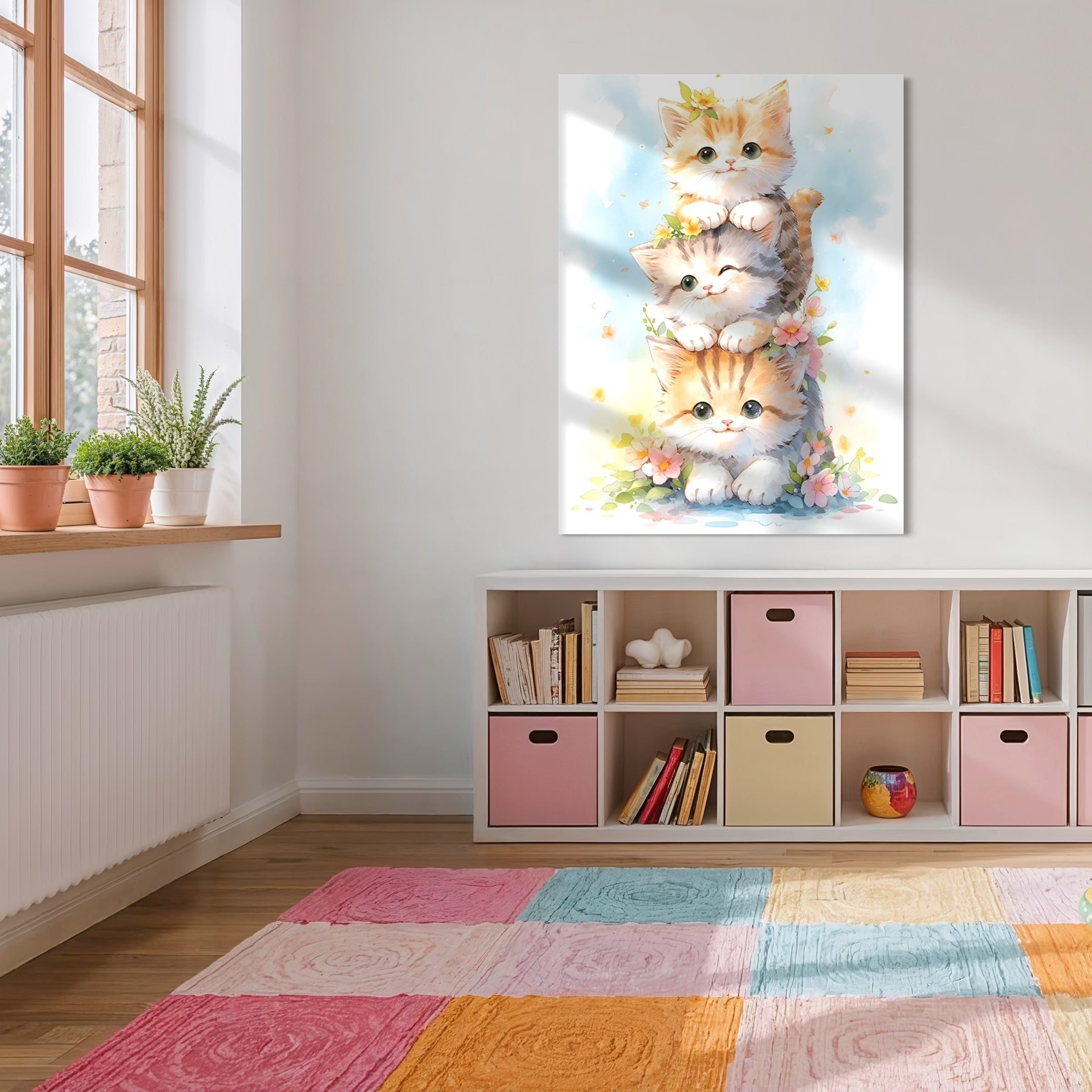 Tablou Canvas Premium, LuxCanva® K1045, Turnuletul Fratiorilor Pufosi, Pisicute, Felina, Pui, Pastel, Flori, Prietenie, Jucaus, Inocenta, Natura, Joaca, Veselie, Distractie, Camera Copil, Dormitor