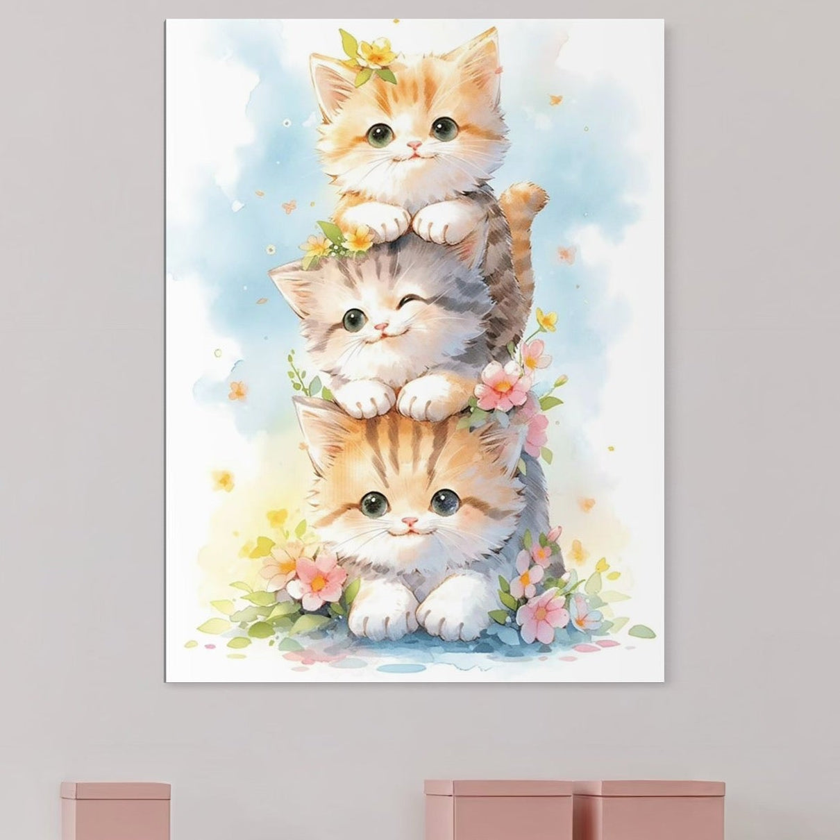 Tablou Canvas Premium, LuxCanva® K1045, Turnuletul Fratiorilor Pufosi, Pisicute, Felina, Pui, Pastel, Flori, Prietenie, Jucaus, Inocenta, Natura, Joaca, Veselie, Distractie, Camera Copil, Dormitor