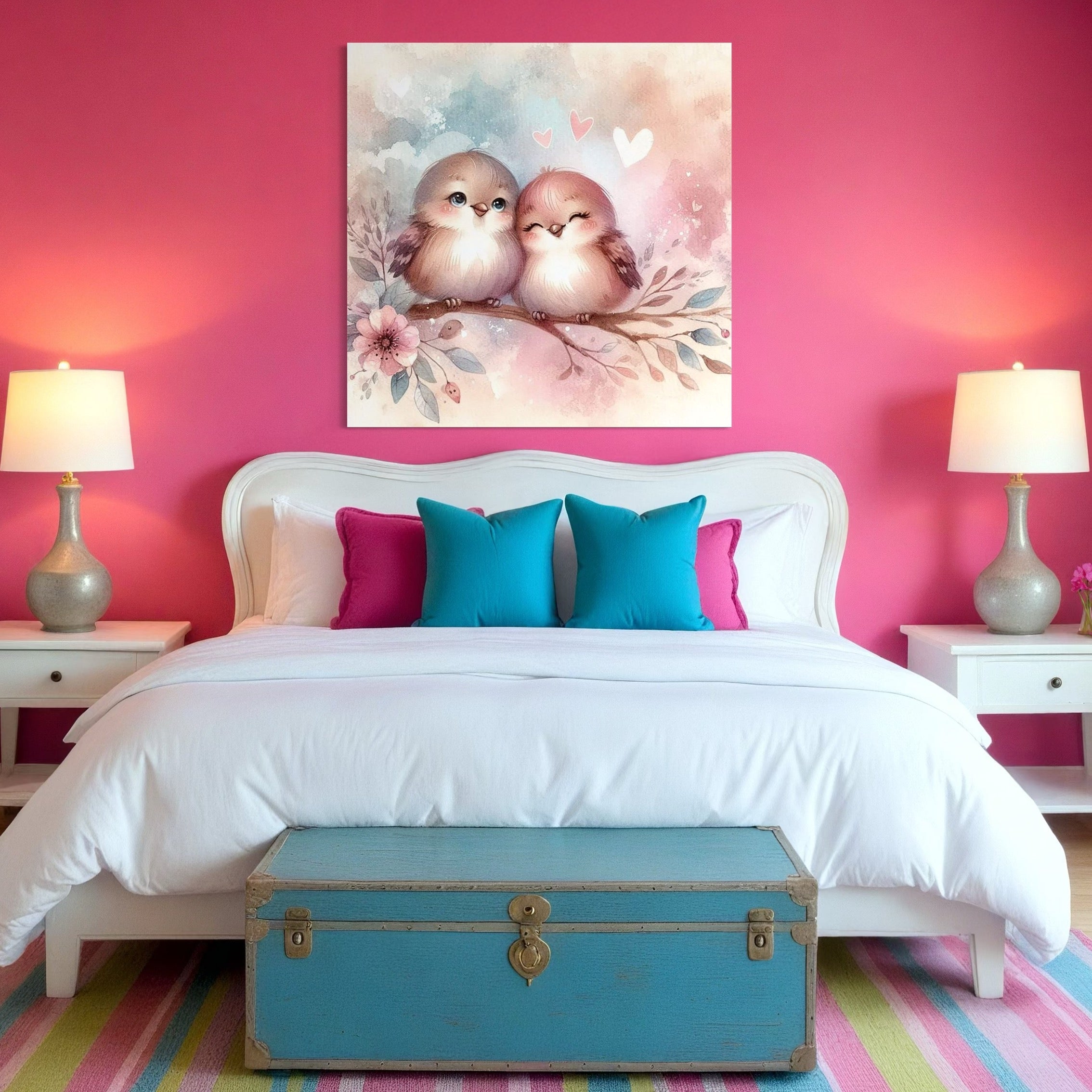 Tablou Canvas Premium, LuxCanva® K1046, Primavara in Pereche, Inimioare, Ramura, Pasarele, Cuplu, Zambet, Imbratisare, Aripi, Roz, Cuib, Inflorit, Natura, Tandrete, Copii, Camera Copil, Dormitor