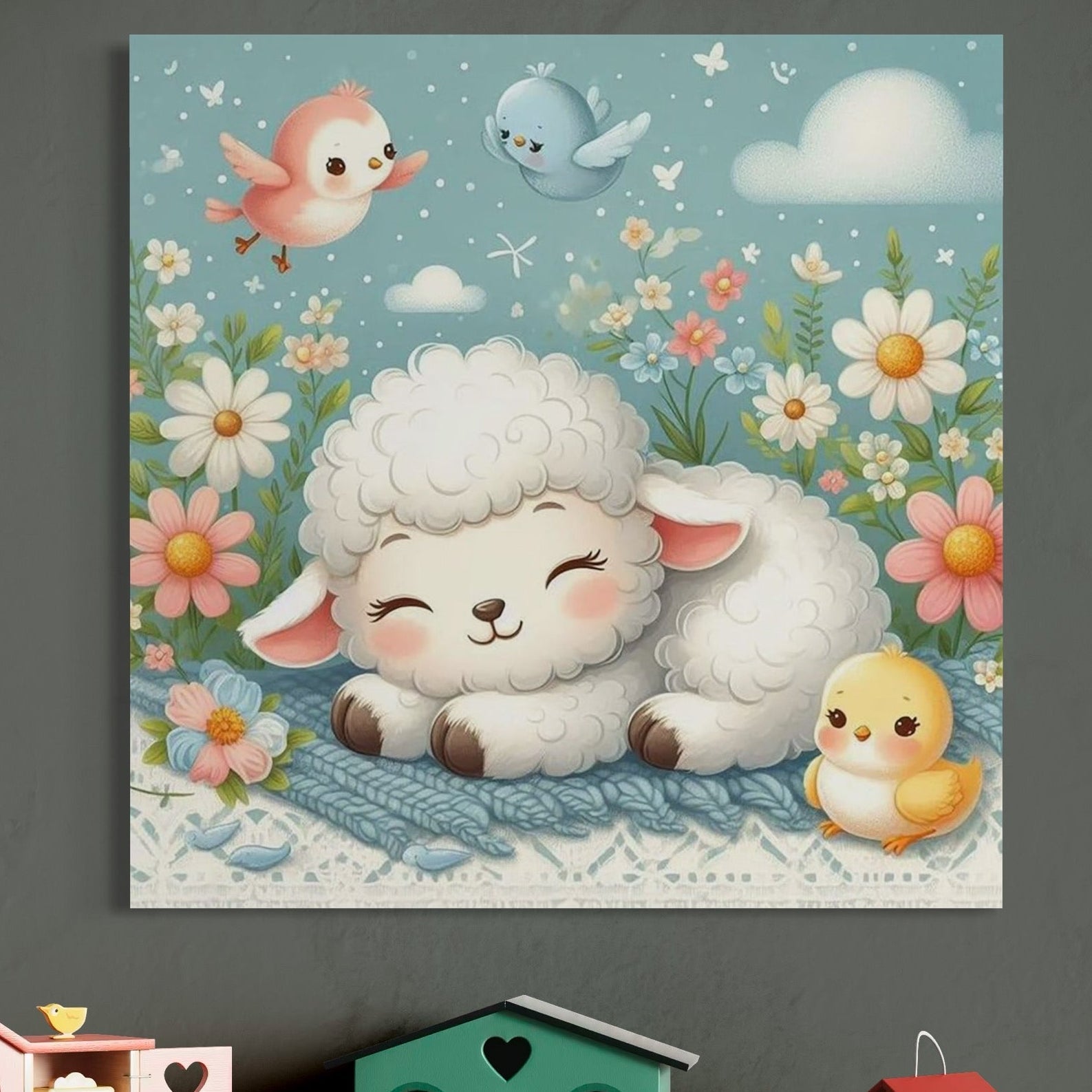 Tablou Canvas Premium, LuxCanva® K1047, Mieluselul Visator, Pui, Pasarele, Zbor, Pastelat, Lana, Flori, Armonie, Fluturi, Adormit, Gradina, Liniste, Veselie, Animalute, Camera Copil, Dormitor