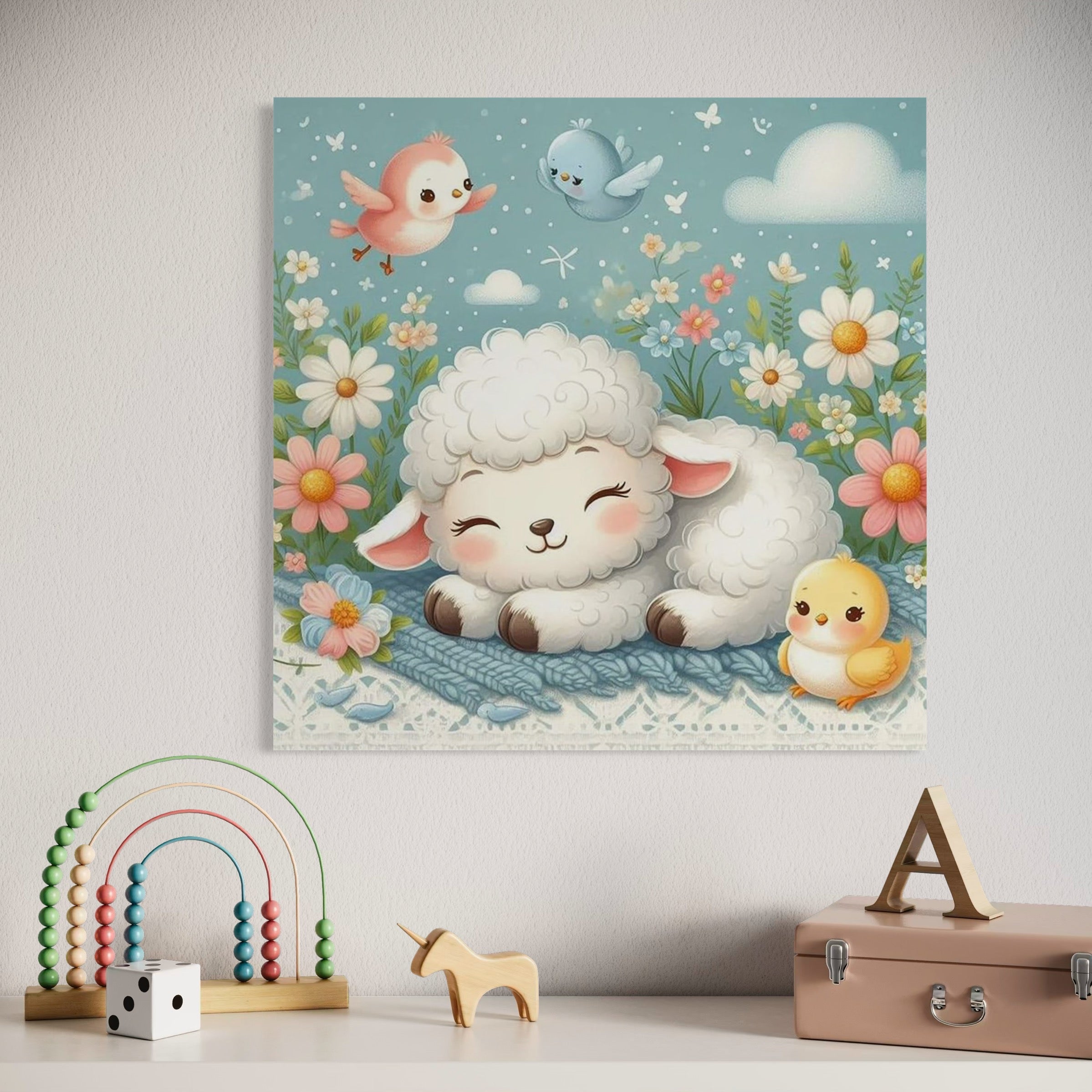 Tablou Canvas Premium, LuxCanva® K1047, Mieluselul Visator, Pui, Pasarele, Zbor, Pastelat, Lana, Flori, Armonie, Fluturi, Adormit, Gradina, Liniste, Veselie, Animalute, Camera Copil, Dormitor