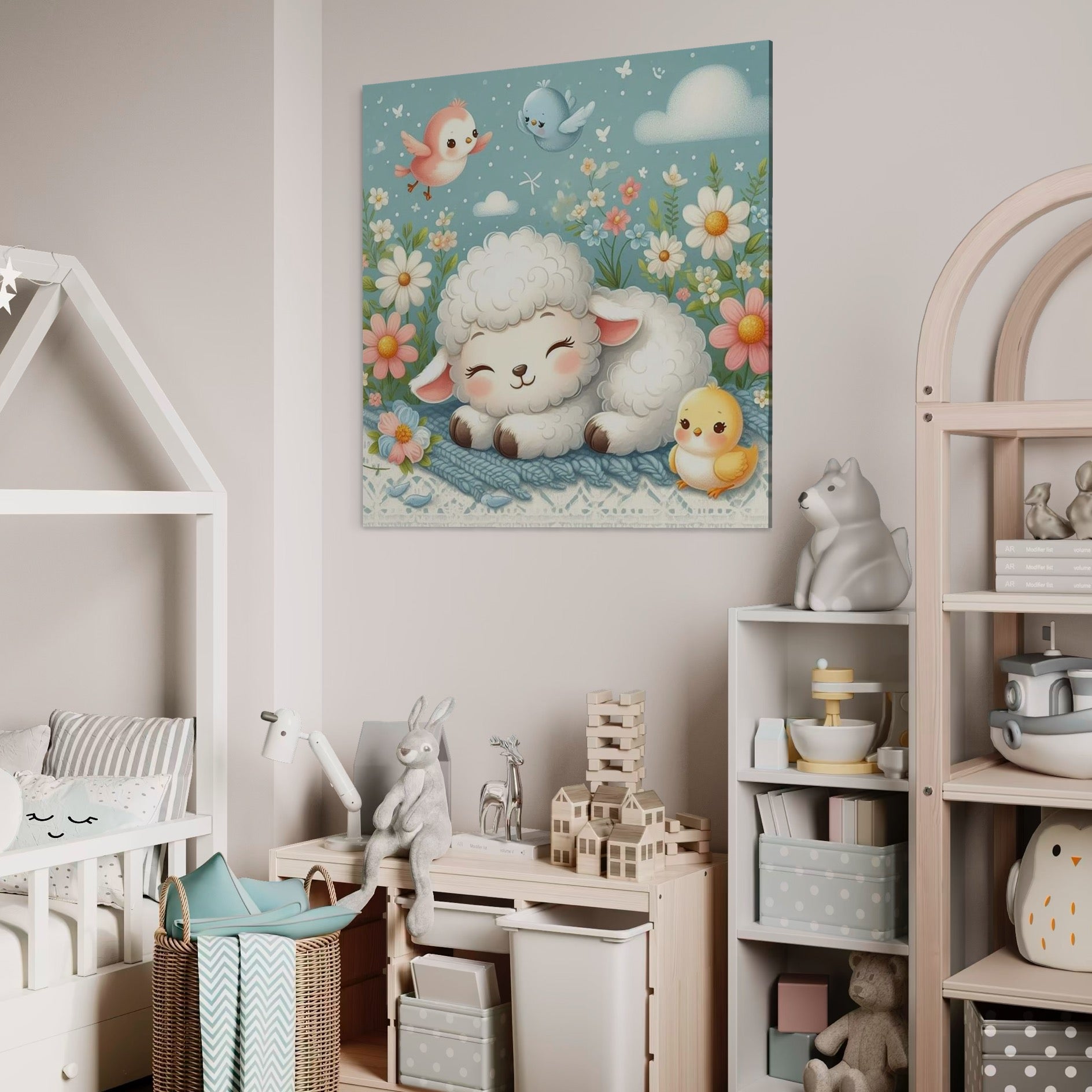 Tablou Canvas Premium, LuxCanva® K1047, Mieluselul Visator, Pui, Pasarele, Zbor, Pastelat, Lana, Flori, Armonie, Fluturi, Adormit, Gradina, Liniste, Veselie, Animalute, Camera Copil, Dormitor