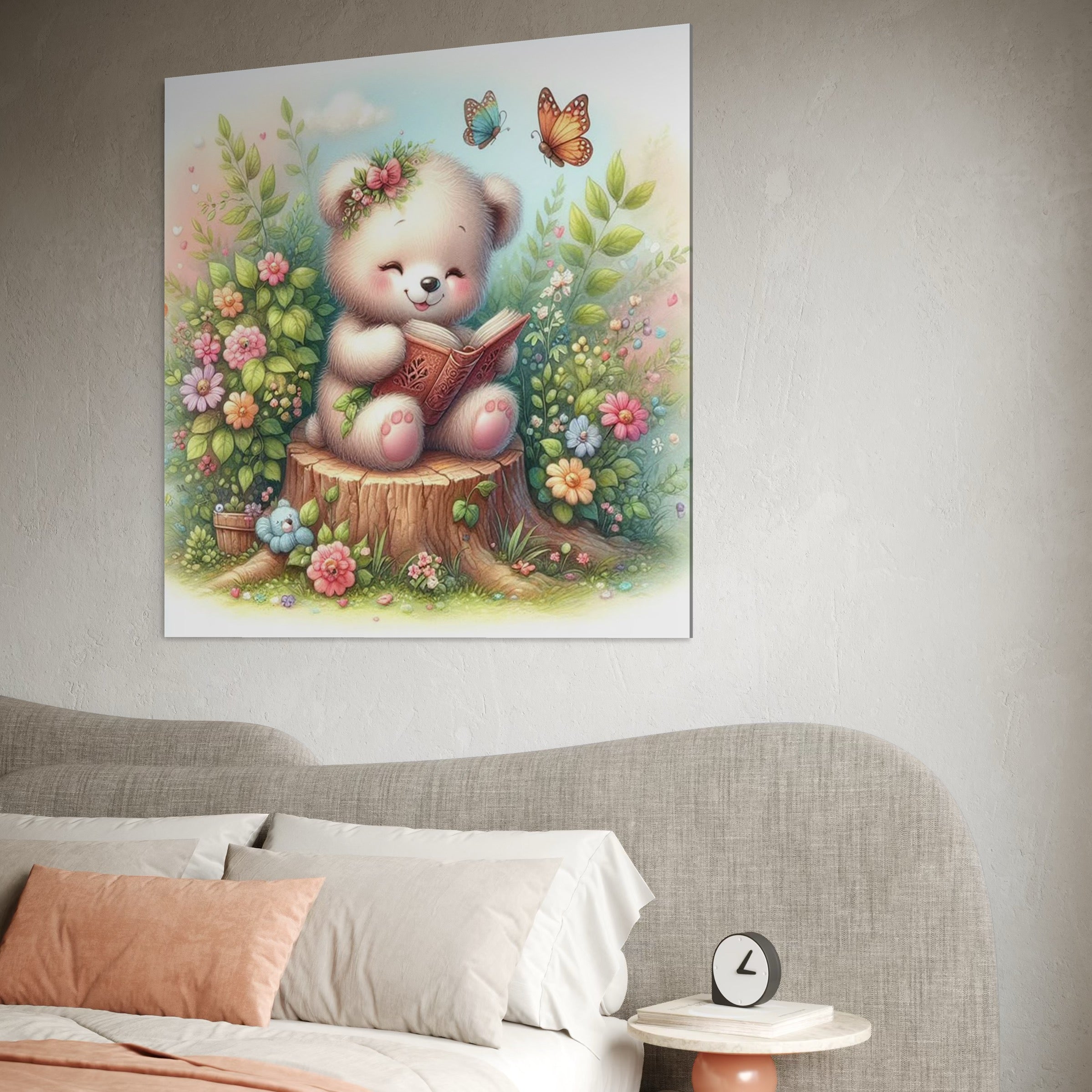 Tablou Canvas Premium, LuxCanva® K1048, Ursuletul Povestitor, Carte, Flori, Trunchi, Copac, Fluturasi, Lectura, Poveste, Fermecat, Magie, Padure, Atmosfera, Liniste, Camera Copil, Dormitor