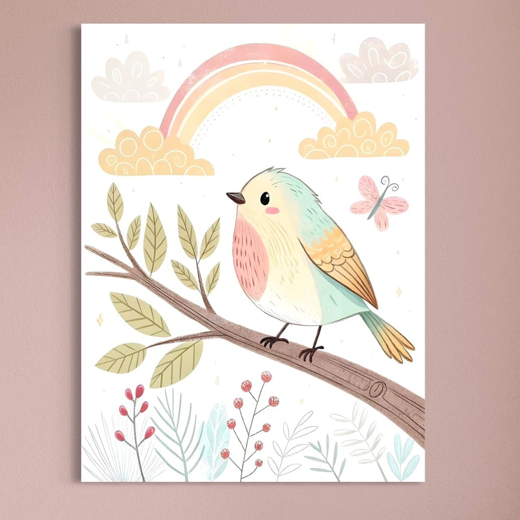 Tablou Canvas Premium, LuxCanva® K1049, Cantec in Culorile Cerului, Pasare, Ramura, Curcubeu, Norisori, Pastel, Fluturasi, Frunze, Flori, Cantecel, Padure, Pajiste, Camera Copil, Dormitor