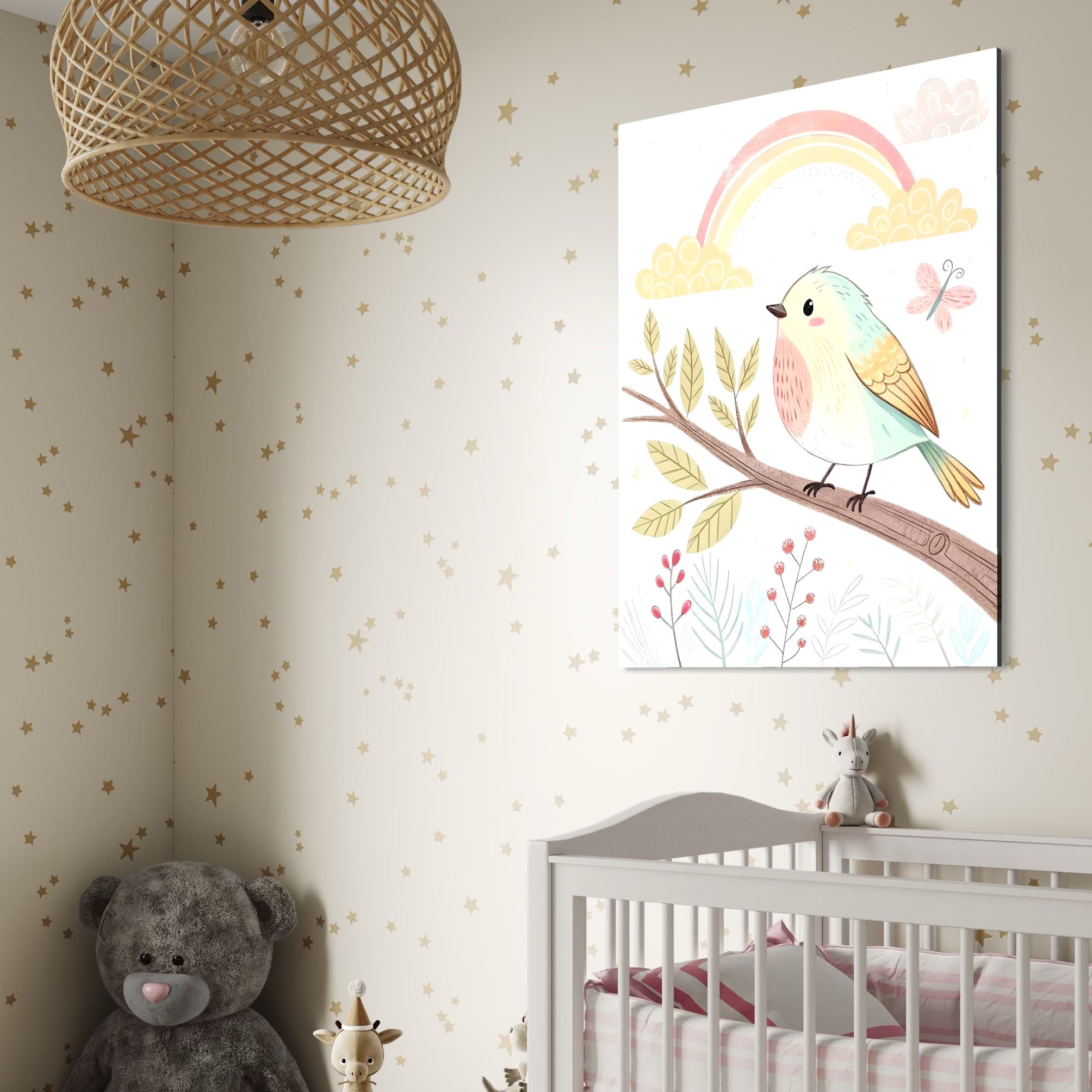 Tablou Canvas Premium, LuxCanva® K1049, Cantec in Culorile Cerului, Pasare, Ramura, Curcubeu, Norisori, Pastel, Fluturasi, Frunze, Flori, Cantecel, Padure, Pajiste, Camera Copil, Dormitor