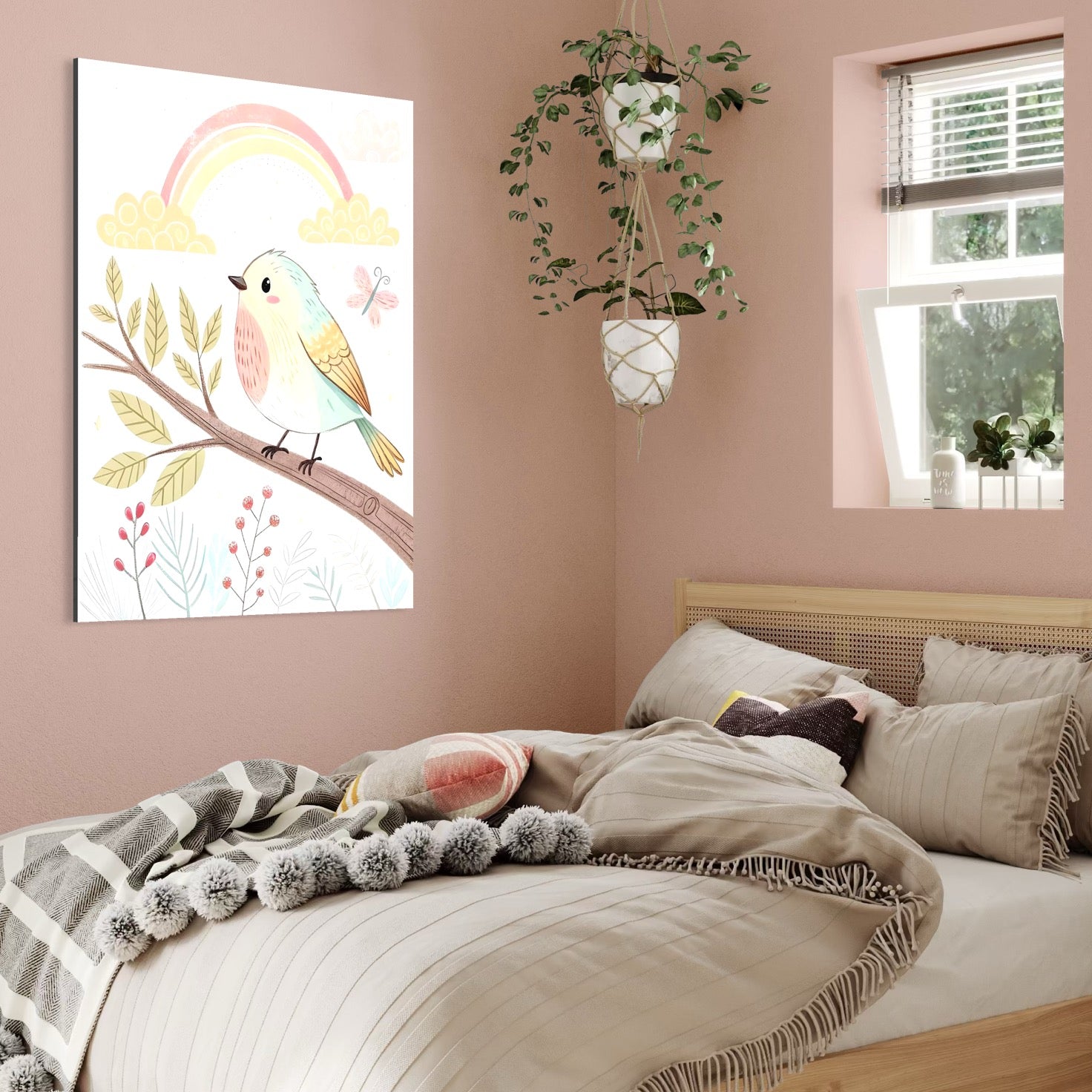 Tablou Canvas Premium, LuxCanva® K1049, Cantec in Culorile Cerului, Pasare, Ramura, Curcubeu, Norisori, Pastel, Fluturasi, Frunze, Flori, Cantecel, Padure, Pajiste, Camera Copil, Dormitor
