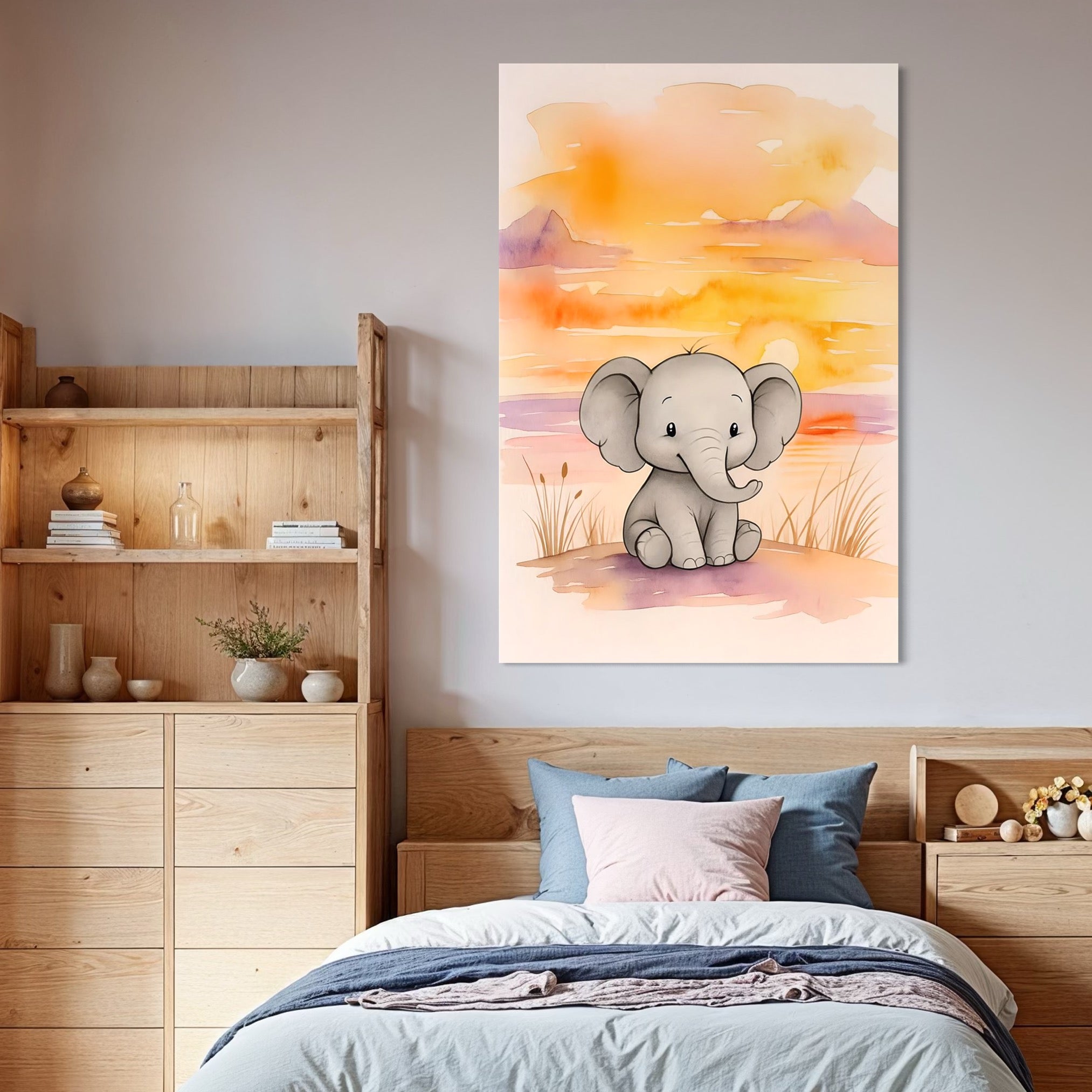 Tablou Canvas Premium, LuxCanva® K1050, Elefantelul de la Apus, Seara, Calda, Savana, Vise, Soare, Zambet, Urechi, Inima, Blanda, Portocaliu, Liliac, Acuarela, Camera Copil, Dormitor