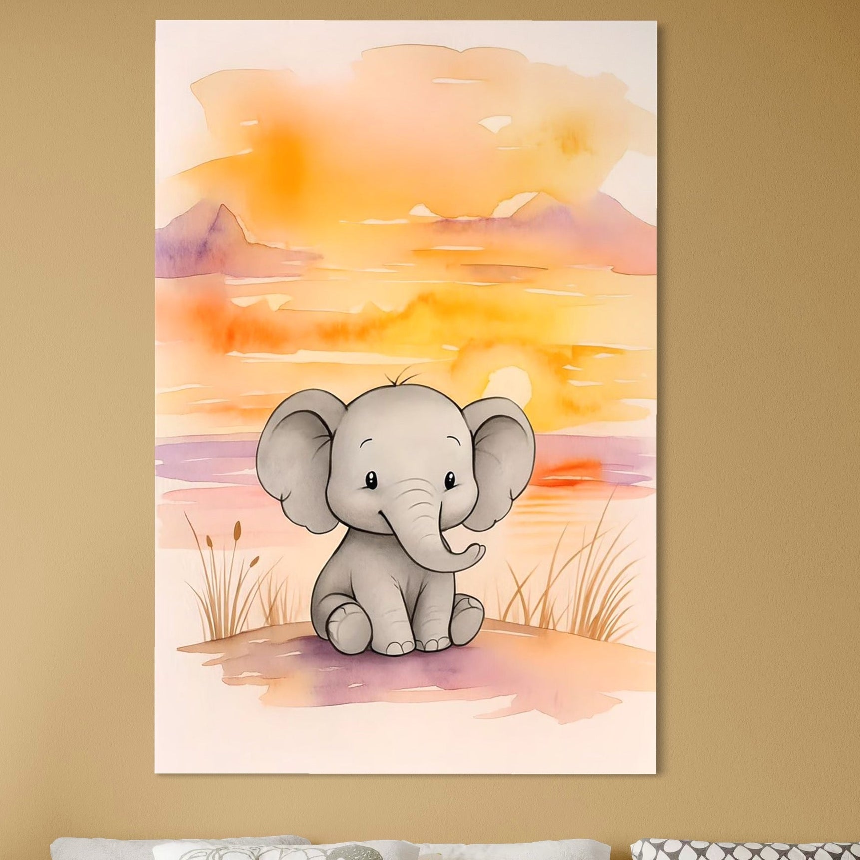 Tablou Canvas Premium, LuxCanva® K1050, Elefantelul de la Apus, Seara, Calda, Savana, Vise, Soare, Zambet, Urechi, Inima, Blanda, Portocaliu, Liliac, Acuarela, Camera Copil, Dormitor