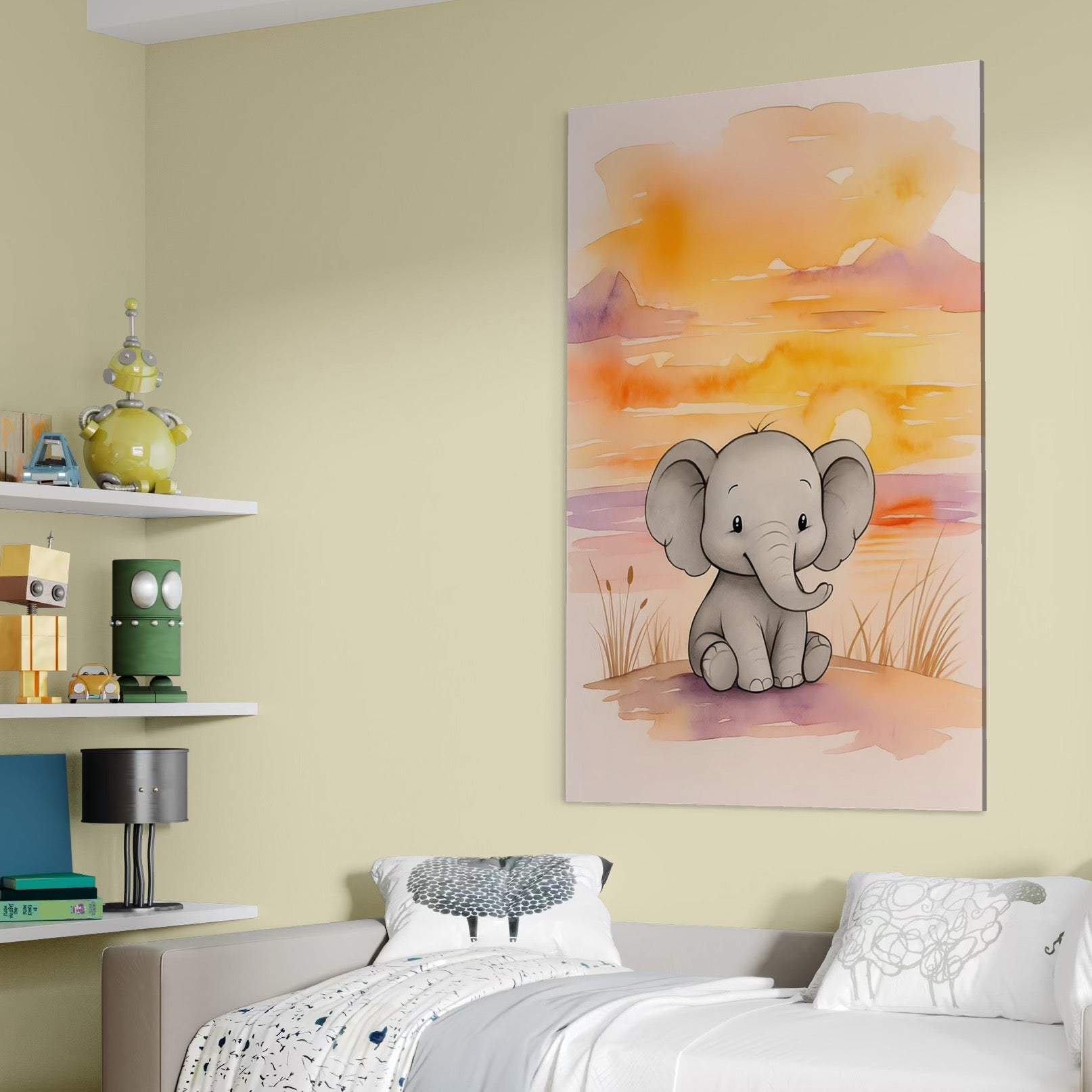 Tablou Canvas Premium, LuxCanva® K1050, Elefantelul de la Apus, Seara, Calda, Savana, Vise, Soare, Zambet, Urechi, Inima, Blanda, Portocaliu, Liliac, Acuarela, Camera Copil, Dormitor