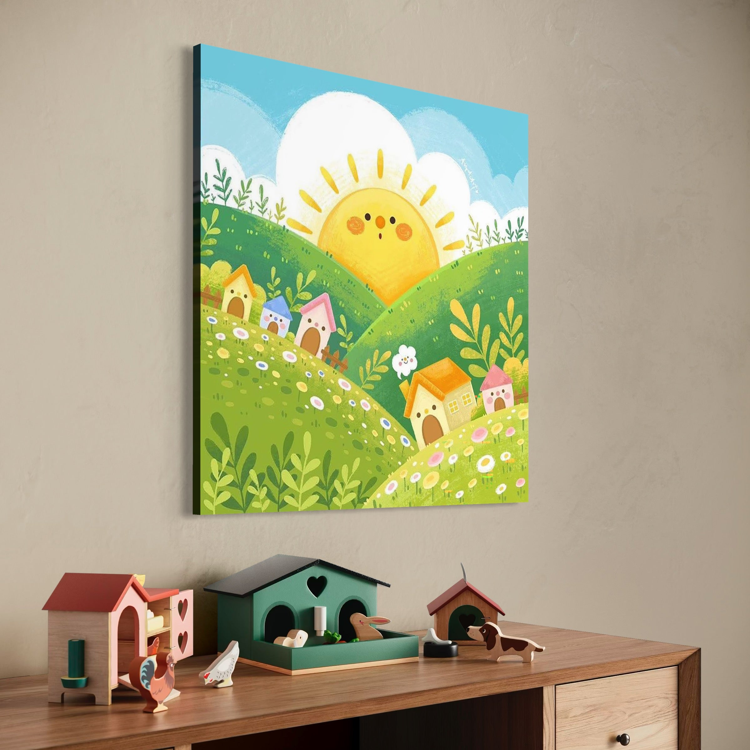 Tablou Canvas Premium, LuxCanva® K1051, Veselie in Dealul cu Flori, Soare, Zambete, Casute, Colorat, Verde, Flori, Sat, Dimineata, Peisaj, Vesel, Copilarie, Raze, Pastel, Camera Copil, Dormitor