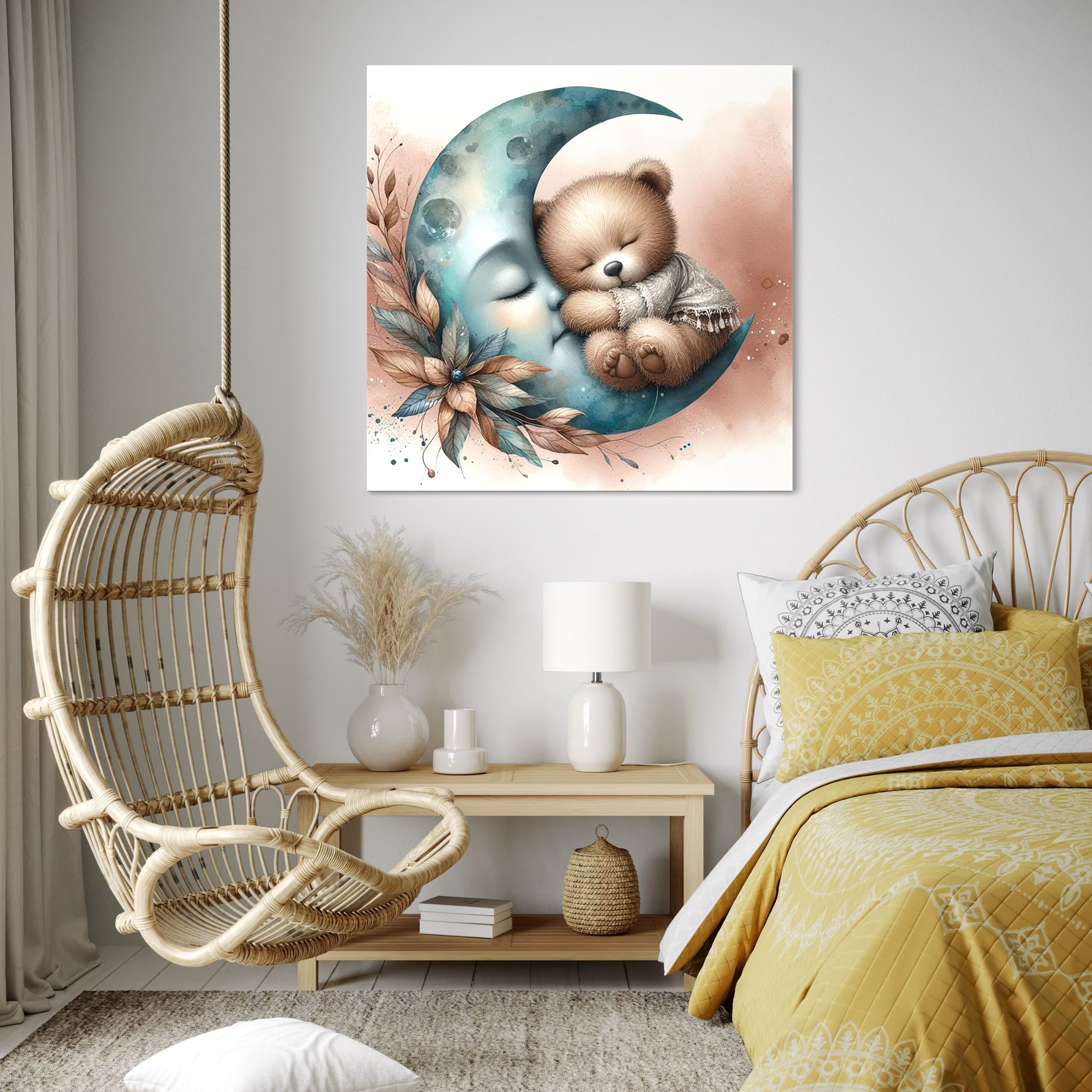 Tablou Canvas Premium, LuxCanva® K1054, In Leaganul Ceresc, Urs, Imbratisare, Luna, Liniste, Ceresc, Protectie, Univers, Albastru, Aurora, Mangaiere, Praf, Stele, Visare, Camera Copil, Dormitor