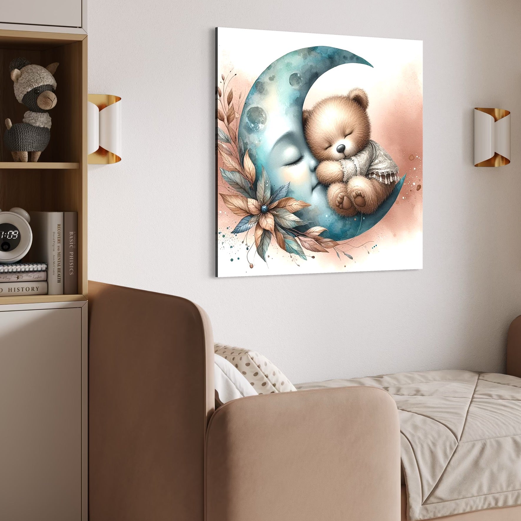 Tablou Canvas Premium, LuxCanva® K1054, In Leaganul Ceresc, Urs, Imbratisare, Luna, Liniste, Ceresc, Protectie, Univers, Albastru, Aurora, Mangaiere, Praf, Stele, Visare, Camera Copil, Dormitor