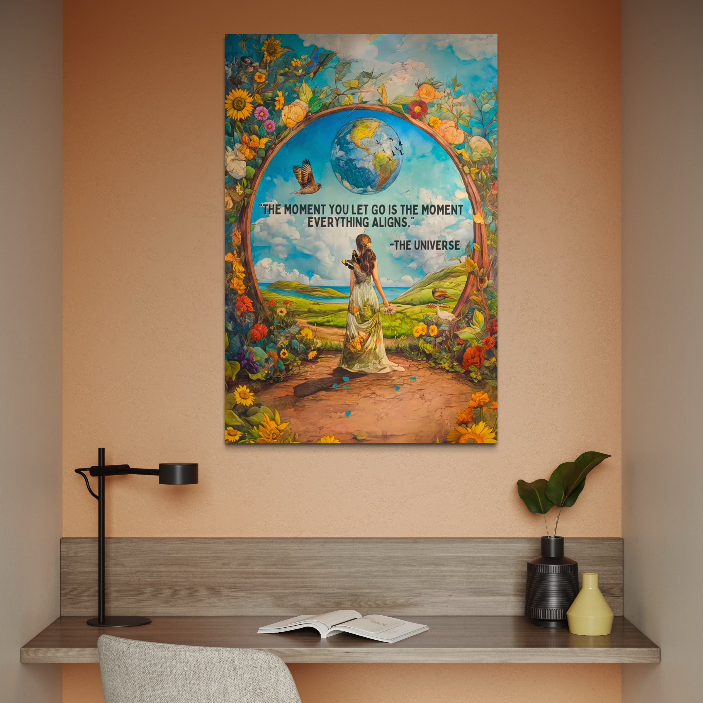 Tablou Canvas Premium, LuxCanva® Q1000, Liniste si Aliniere, Moment, Aliniere, Renastere, Raspuns, Univers, Armonie, Destin, Poarta, Glob, Pamantesc, Flori, Pasari, Cer, Femeie, Birou, Dormitor