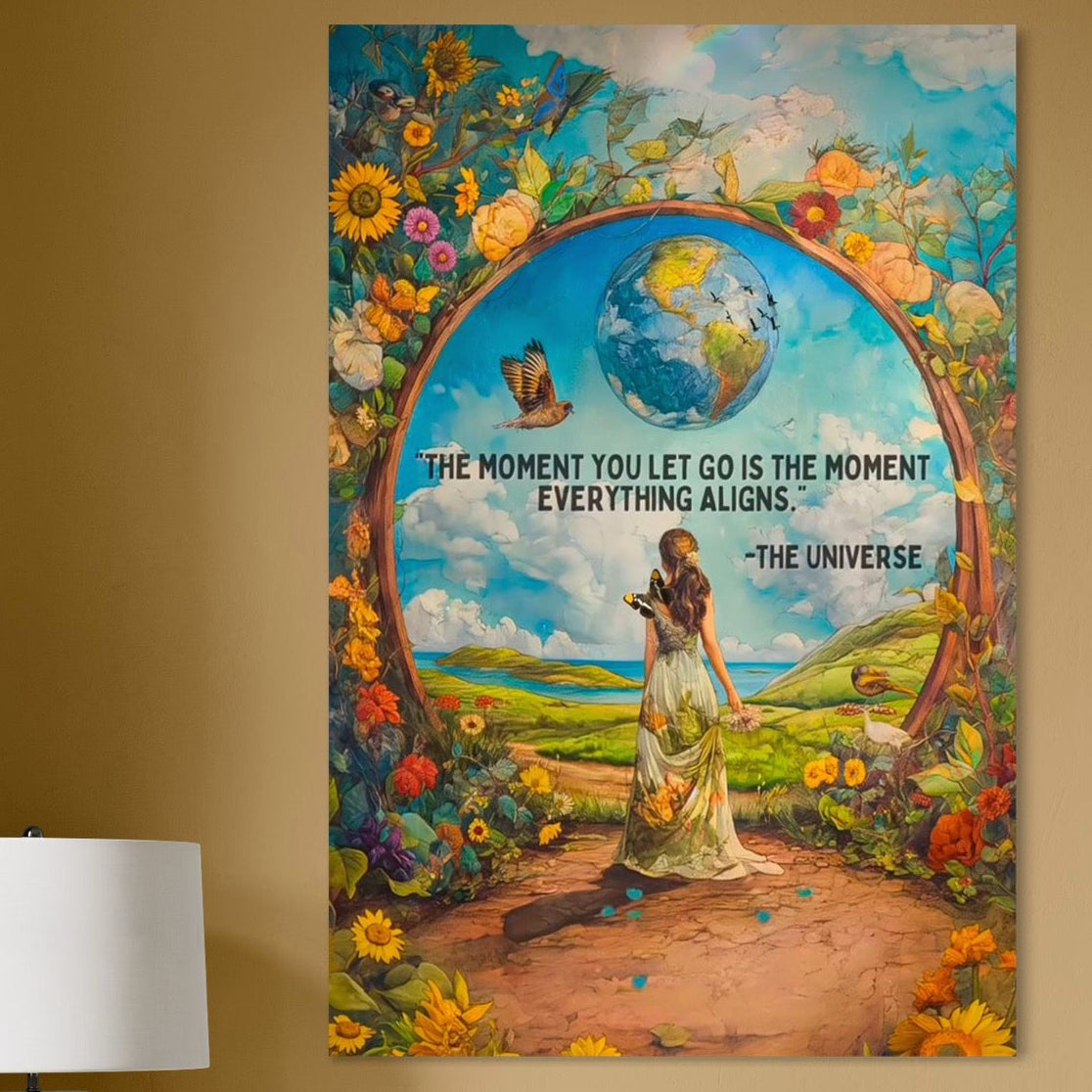 Tablou Canvas Premium, LuxCanva® Q1000, Liniste si Aliniere, Moment, Aliniere, Renastere, Raspuns, Univers, Armonie, Destin, Poarta, Glob, Pamantesc, Flori, Pasari, Cer, Femeie, Birou, Dormitor