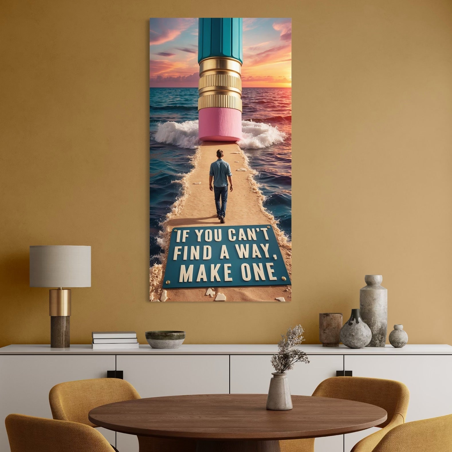 Tablou Canvas Premium, LuxCanva® Q1002, Omul Care Face Drumul, Barbat, Ambitie, Solutii, Succes, Valuri, Apus, Radiera, Creatie, Libertate, Orizont, Pasi, Cale, Creion, Destin, Birou, Dormitor