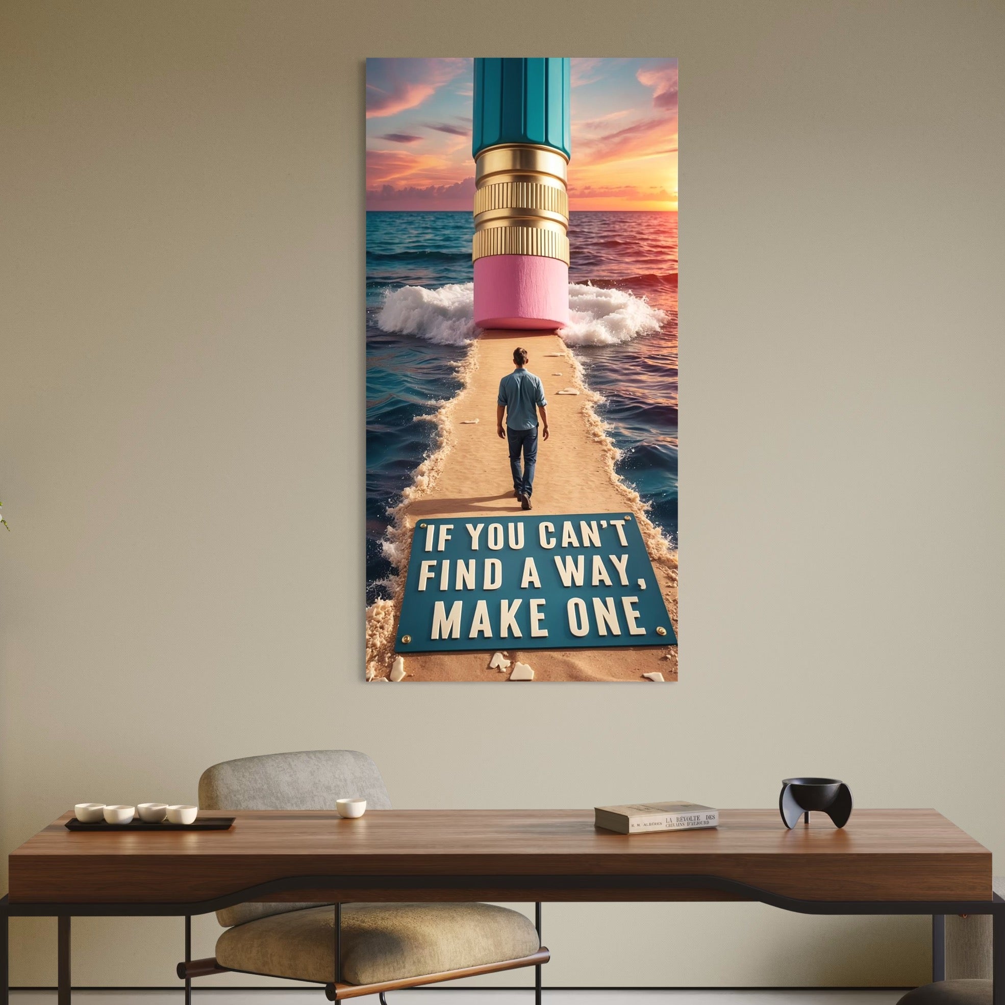 Tablou Canvas Premium, LuxCanva® Q1002, Omul Care Face Drumul, Barbat, Ambitie, Solutii, Succes, Valuri, Apus, Radiera, Creatie, Libertate, Orizont, Pasi, Cale, Creion, Destin, Birou, Dormitor