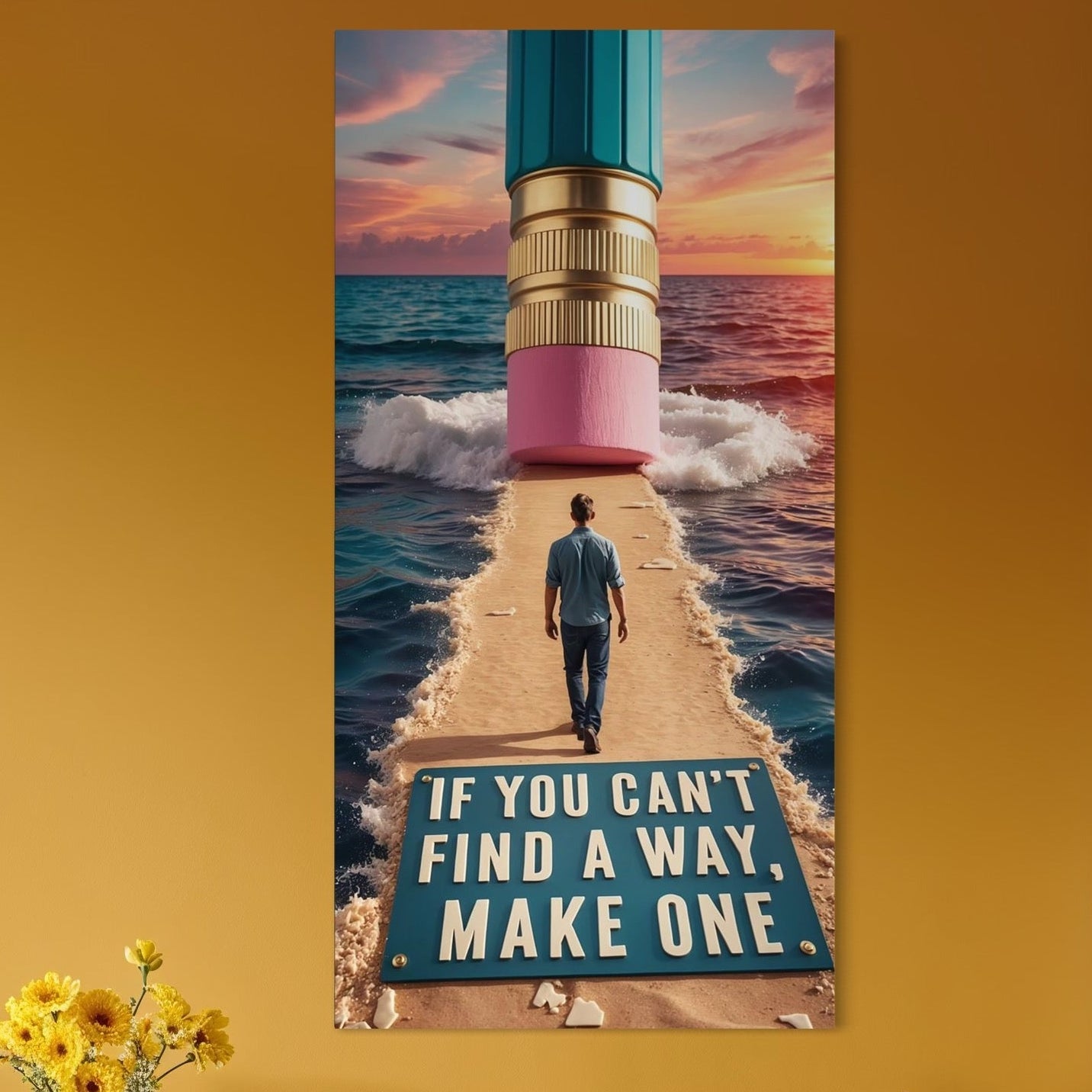 Tablou Canvas Premium, LuxCanva® Q1002, Omul Care Face Drumul, Barbat, Ambitie, Solutii, Succes, Valuri, Apus, Radiera, Creatie, Libertate, Orizont, Pasi, Cale, Creion, Destin, Birou, Dormitor