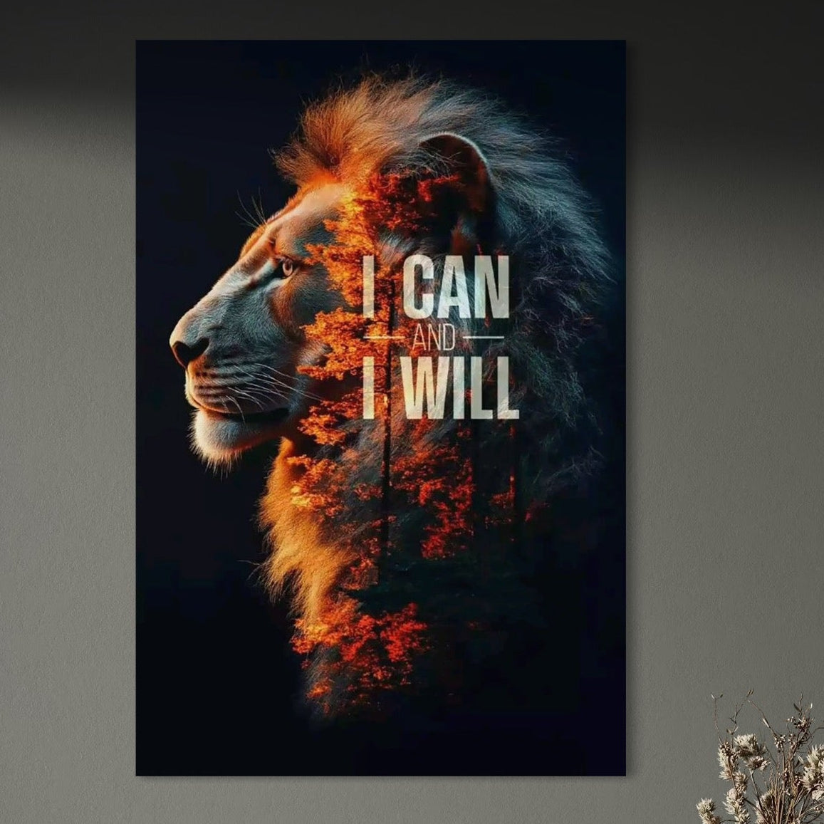 Tablou Canvas Premium, LuxCanva® Q1006, Nascut Sa Reuseasca, Vointa, Perseverenta, Ambitie, Leu, Rege, Foc, Curaj, Dominatie, Portret, Inspirational, Reusita, Forta, Birou, Dormitor