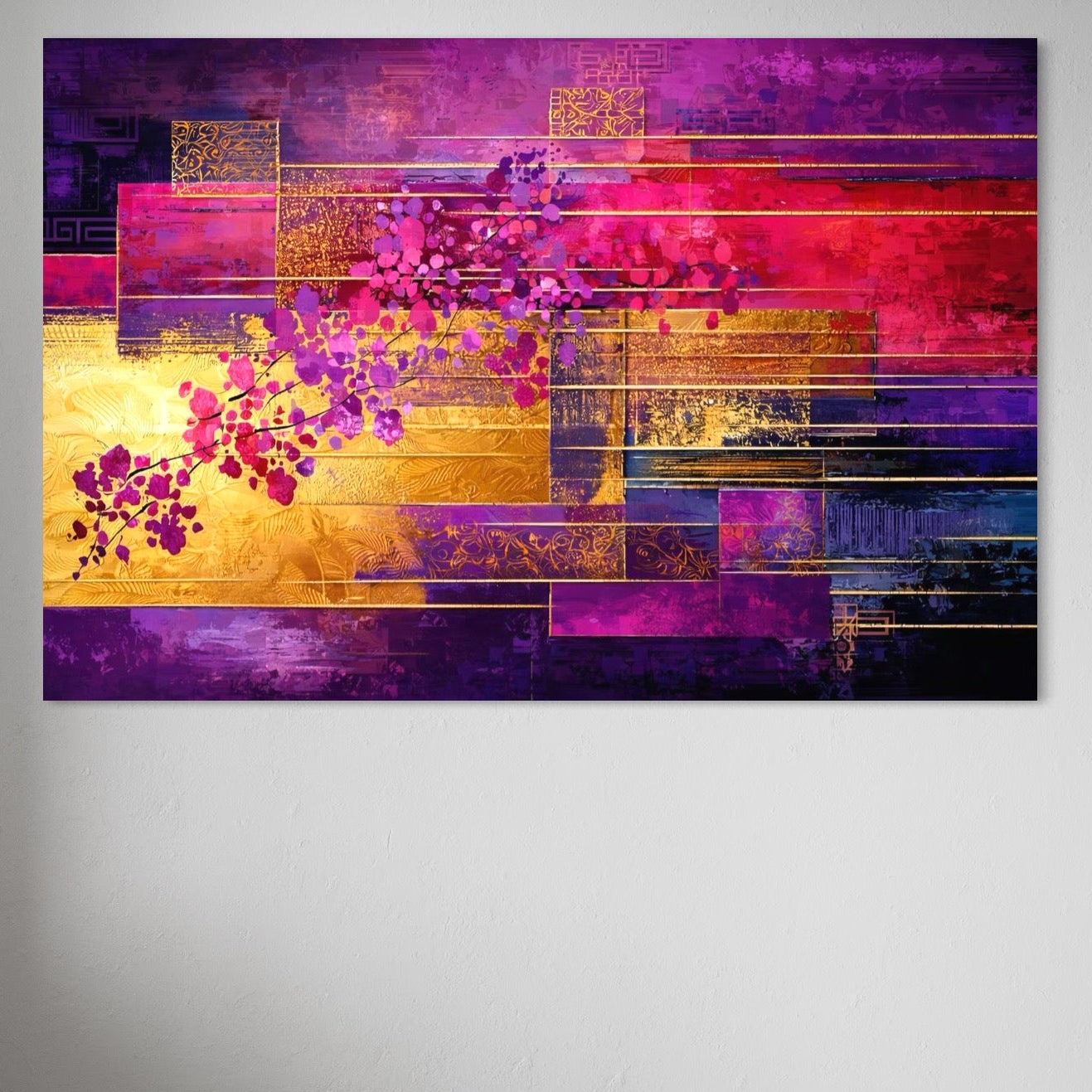 Tablou Canvas Premium, LuxCanva® C1275, Gradina dintre linii, Geometrie, Mov, Roz, Abstract, Magenta, Linii, Textura, Armonie, Mister, Lumina, Eleganta, Violet, Auriu, Birou, Living, Dormitor