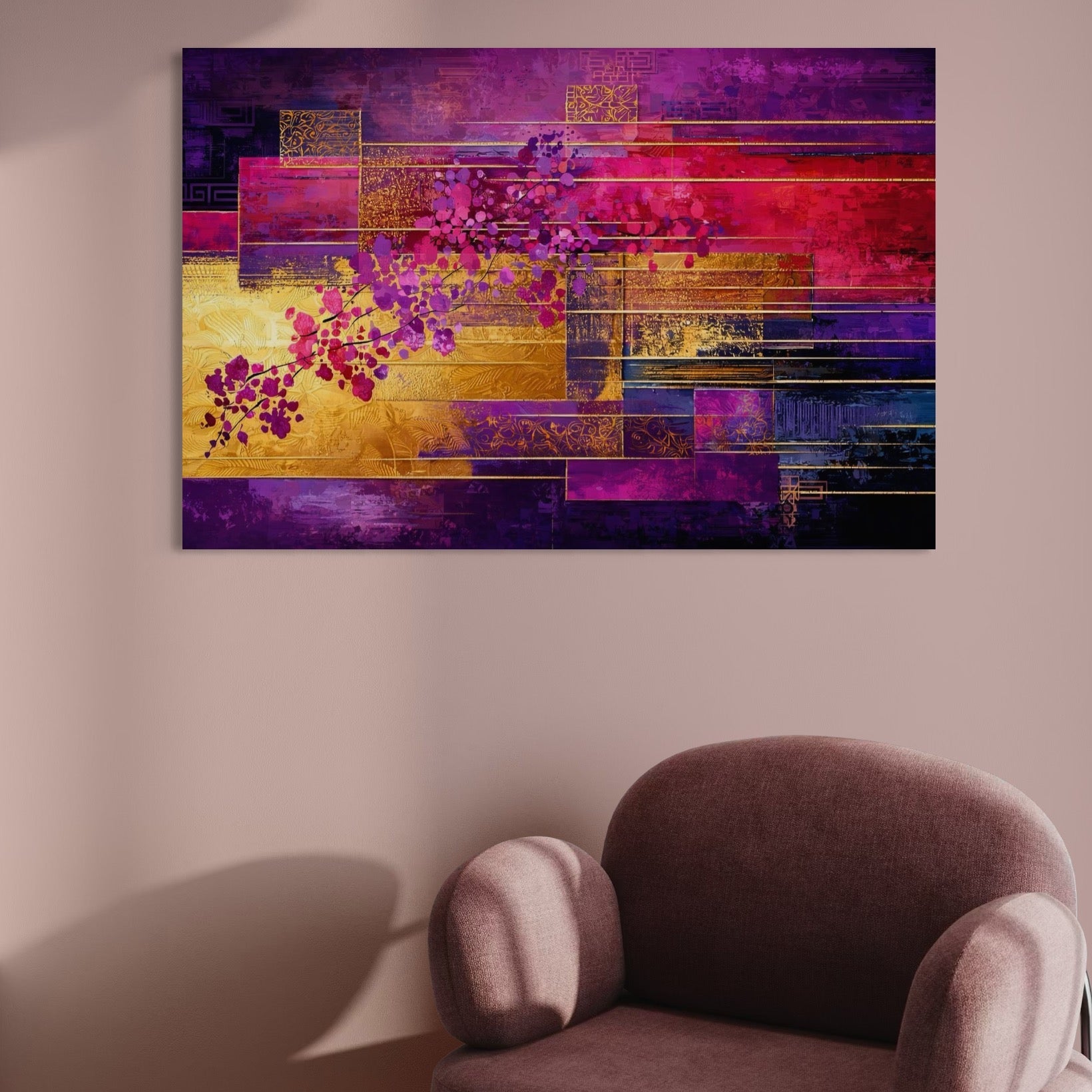 Tablou Canvas Premium, LuxCanva® C1275, Gradina dintre linii, Geometrie, Mov, Roz, Abstract, Magenta, Linii, Textura, Armonie, Mister, Lumina, Eleganta, Violet, Auriu, Birou, Living, Dormitor