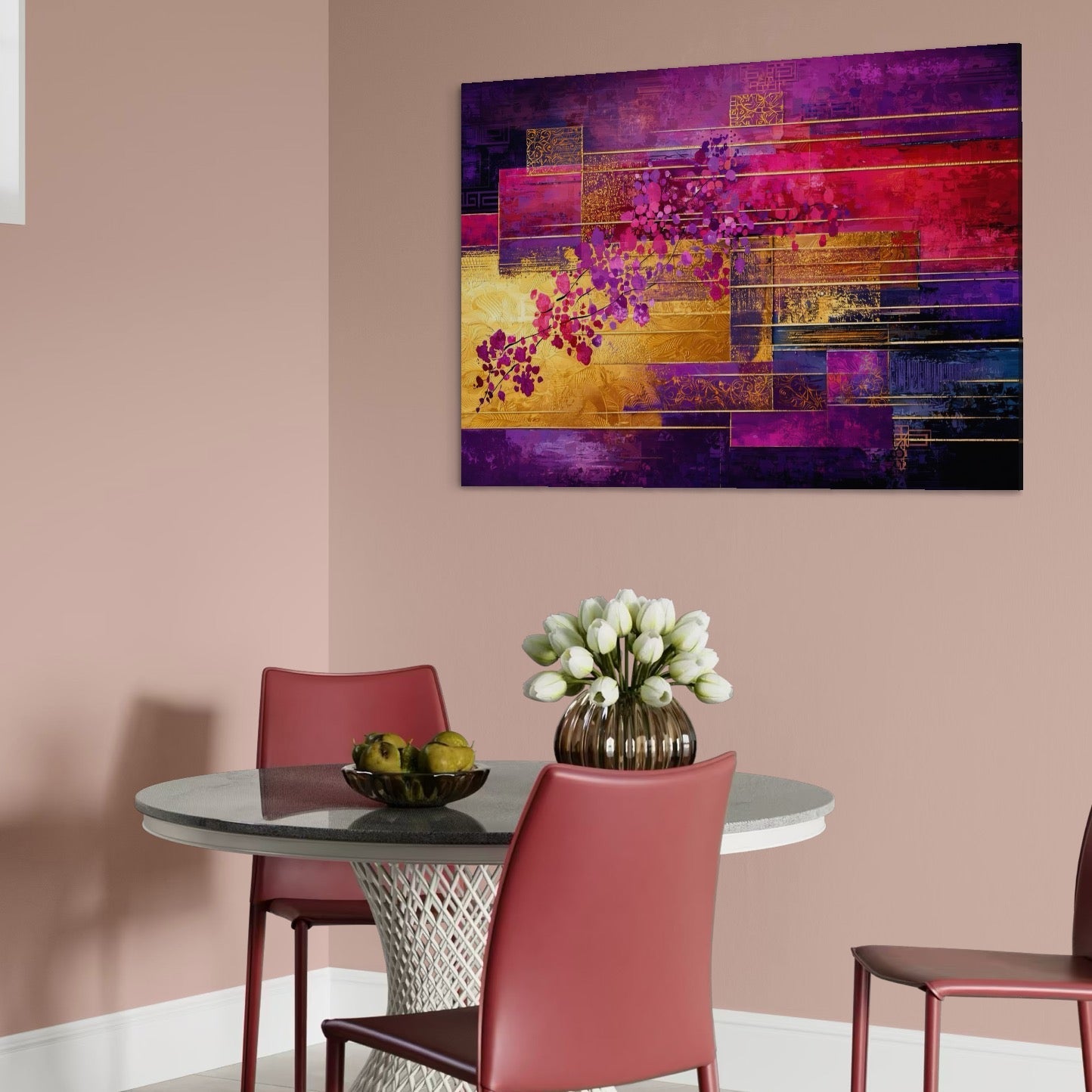 Tablou Canvas Premium, LuxCanva® C1275, Gradina dintre linii, Geometrie, Mov, Roz, Abstract, Magenta, Linii, Textura, Armonie, Mister, Lumina, Eleganta, Violet, Auriu, Birou, Living, Dormitor