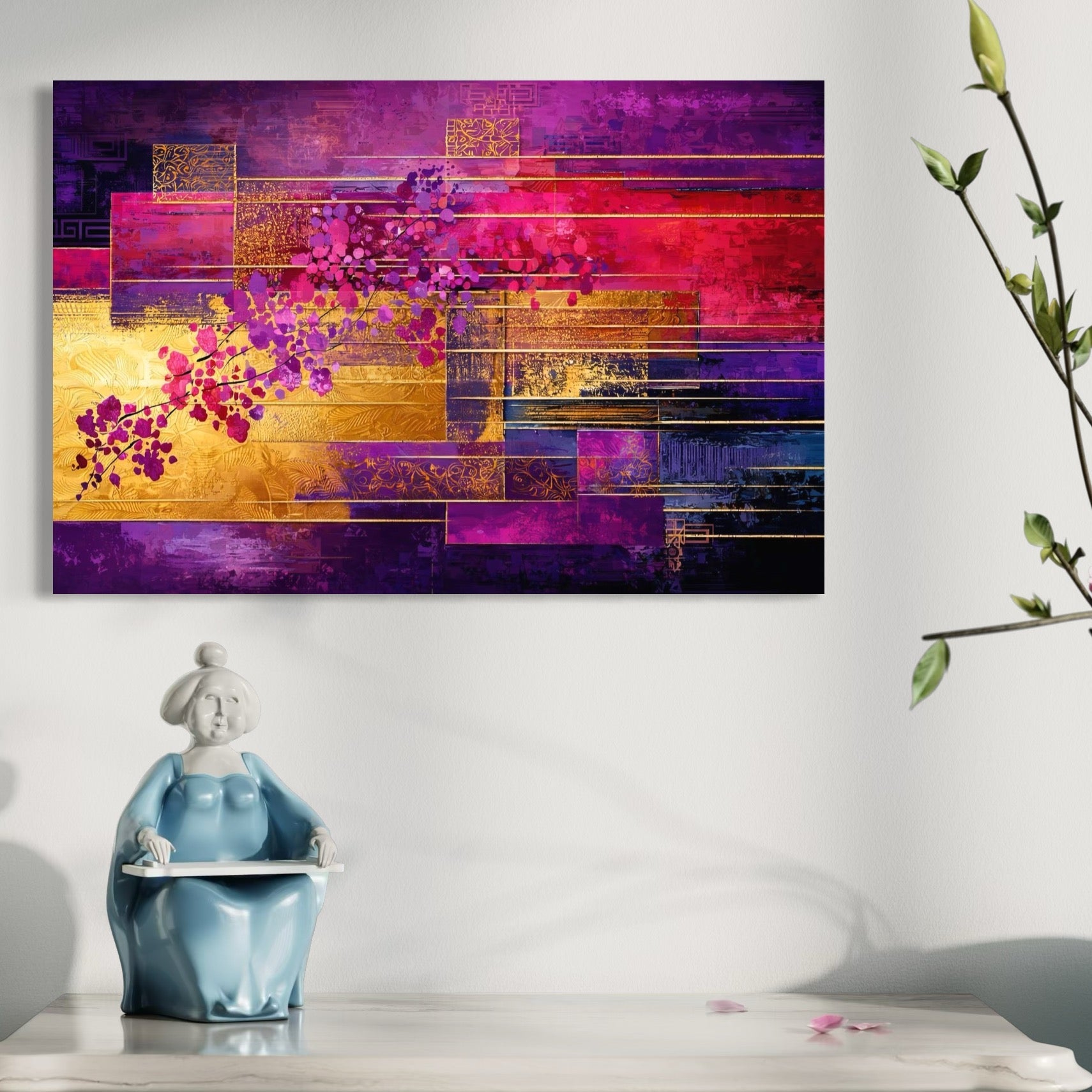 Tablou Canvas Premium, LuxCanva® C1275, Gradina dintre linii, Geometrie, Mov, Roz, Abstract, Magenta, Linii, Textura, Armonie, Mister, Lumina, Eleganta, Violet, Auriu, Birou, Living, Dormitor