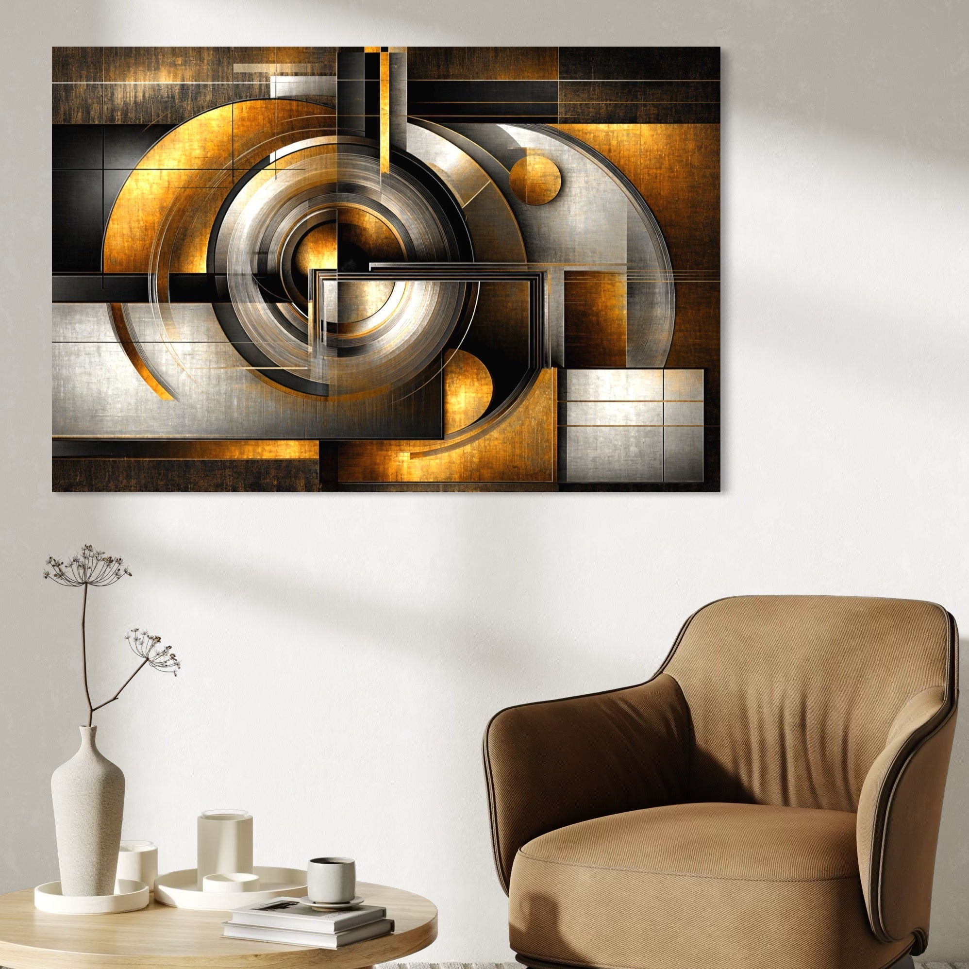 Tablou Canvas Premium, LuxCanva® C1276, Forme care gandesc, Geometrie, Auriu, Abstract, Linii, Textura, Monumental, Gravitatie, Univers, Soare, Sacru, Modern, Expozitie, Birou, Living, Dormitor