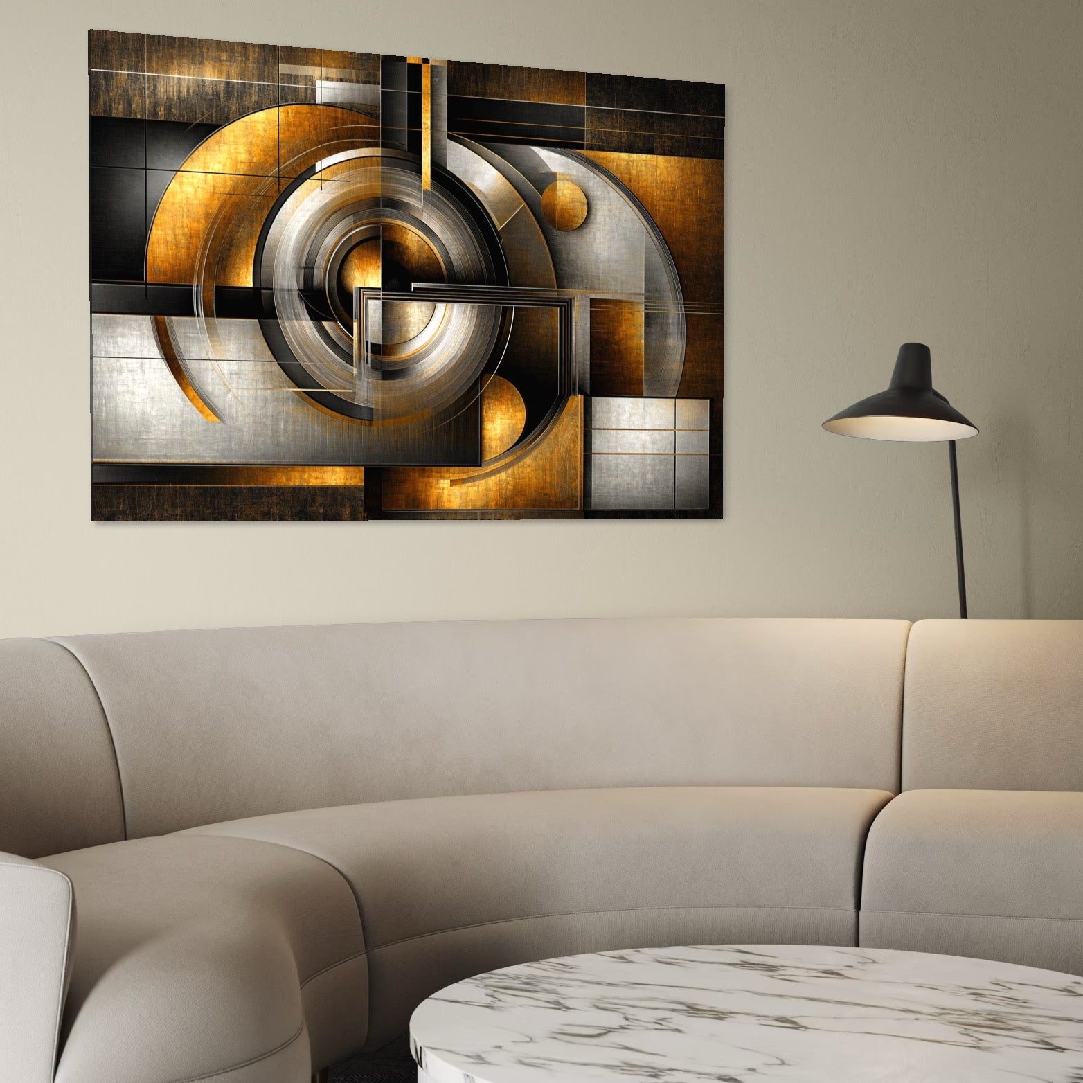 Tablou Canvas Premium, LuxCanva® C1276, Forme care gandesc, Geometrie, Auriu, Abstract, Linii, Textura, Monumental, Gravitatie, Univers, Soare, Sacru, Modern, Expozitie, Birou, Living, Dormitor