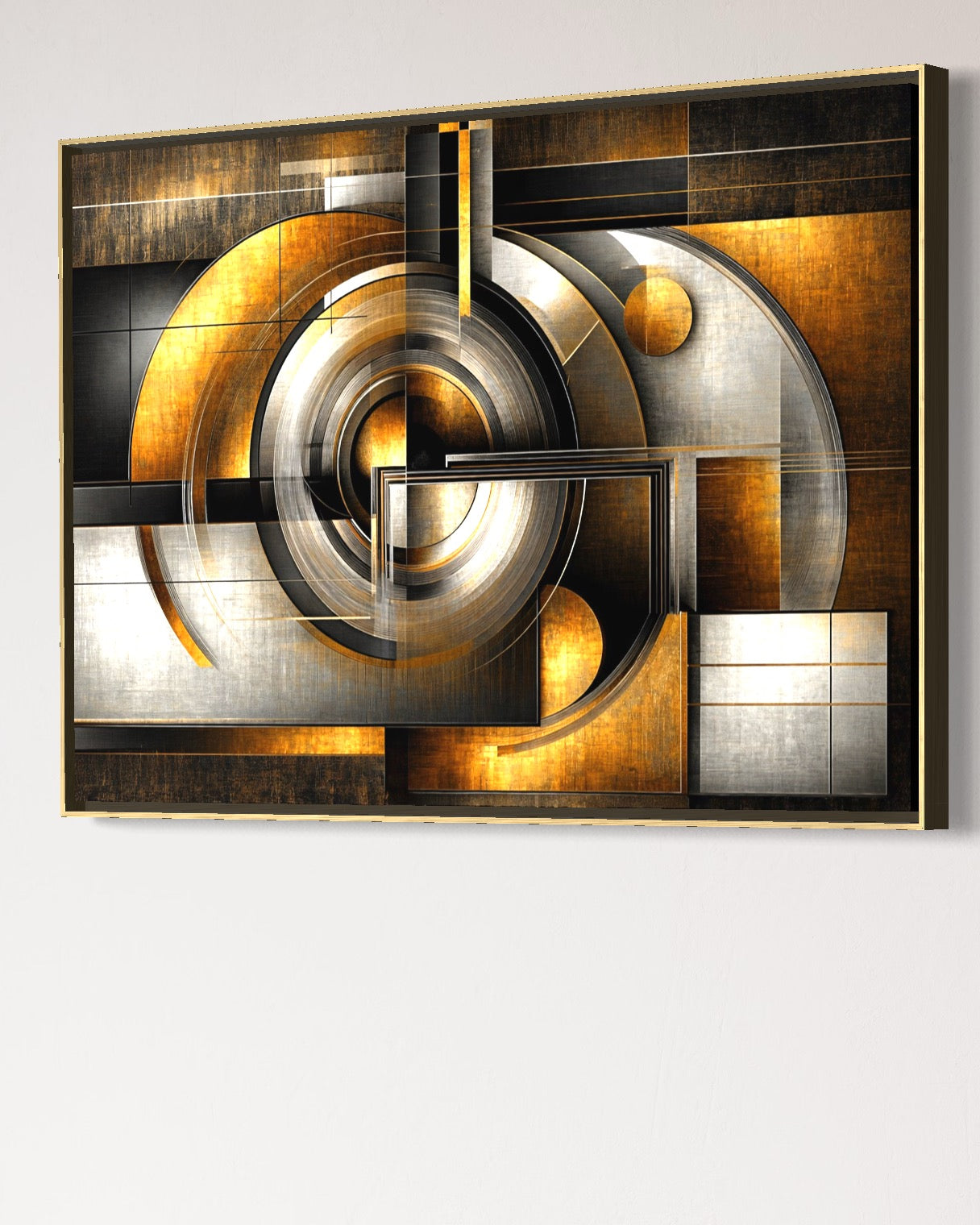 Tablou Canvas Premium, LuxCanva® C1276, Forme care gandesc, Geometrie, Auriu, Abstract, Linii, Textura, Monumental, Gravitatie, Univers, Soare, Sacru, Modern, Expozitie, Birou, Living, Dormitor