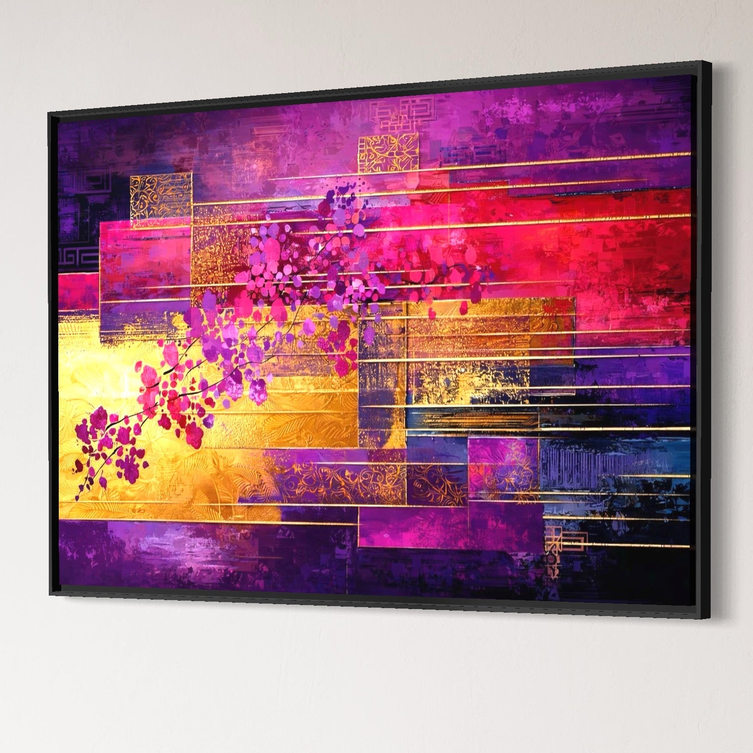 Tablou Canvas Premium, LuxCanva® C1275, Gradina dintre linii, Geometrie, Mov, Roz, Abstract, Magenta, Linii, Textura, Armonie, Mister, Lumina, Eleganta, Violet, Auriu, Birou, Living, Dormitor