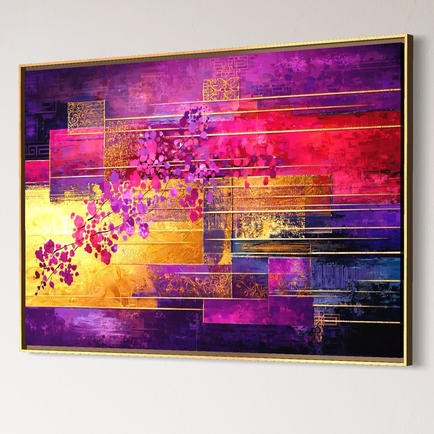 Tablou Canvas Premium, LuxCanva® C1275, Gradina dintre linii, Geometrie, Mov, Roz, Abstract, Magenta, Linii, Textura, Armonie, Mister, Lumina, Eleganta, Violet, Auriu, Birou, Living, Dormitor