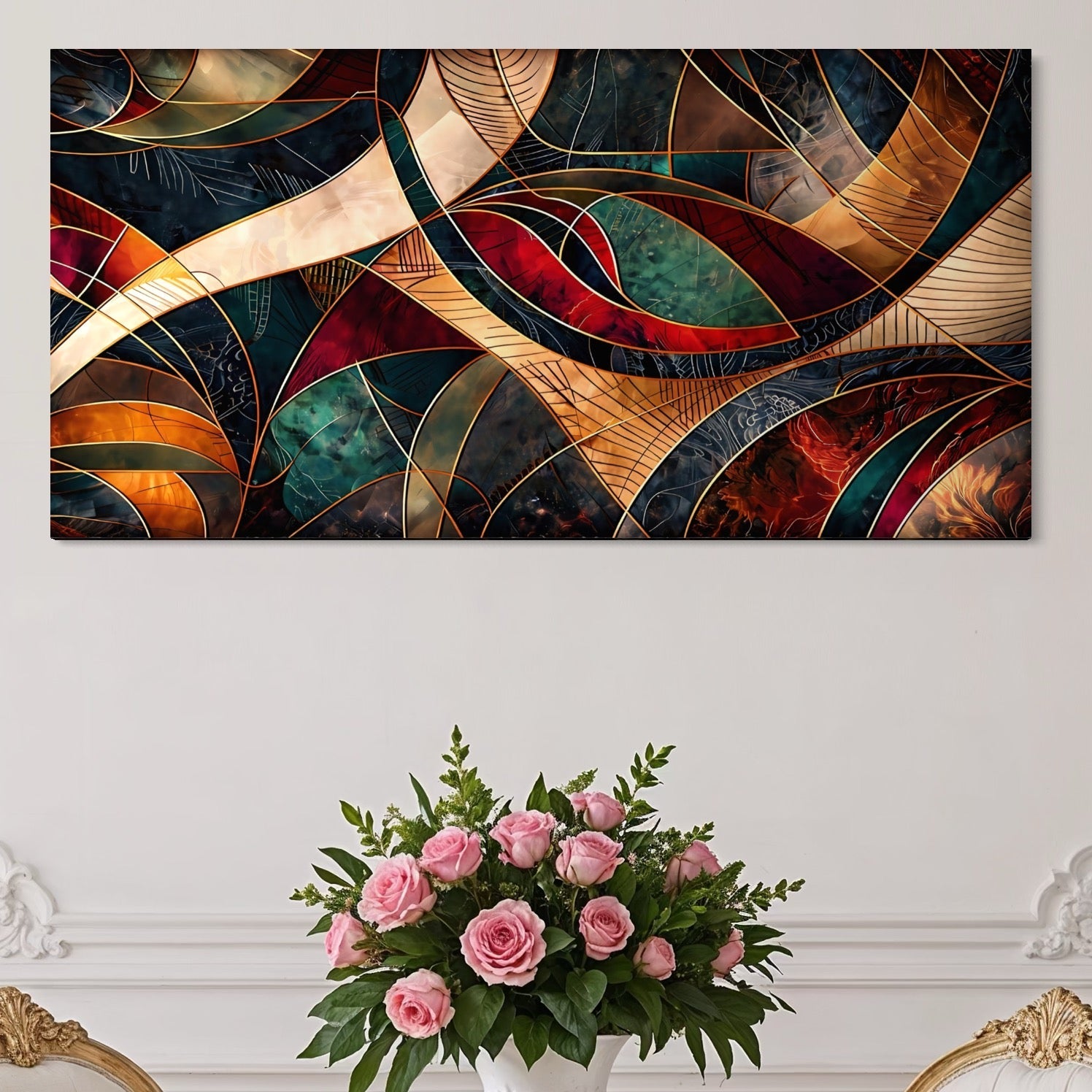 Tablou Canvas Premium, LuxCanva® C1277, Intre nervuri de foc, Geometrie, Auriu, Rosu, Abstract, Linii, Profunzime, Simetrie, Circular, Spatiu, Forma, Templu, Expozitie, Birou, Living, Dormitor