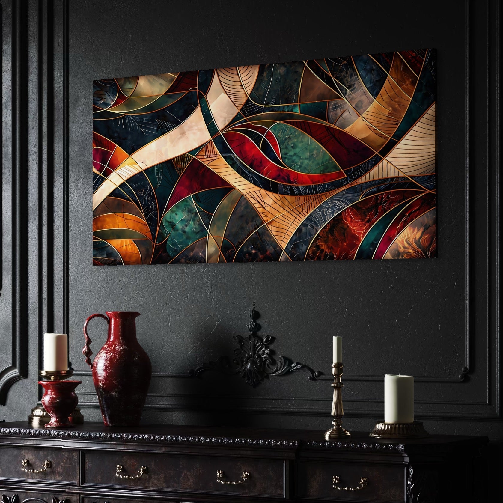 Tablou Canvas Premium, LuxCanva® C1277, Intre nervuri de foc, Geometrie, Auriu, Rosu, Abstract, Linii, Profunzime, Simetrie, Circular, Spatiu, Forma, Templu, Expozitie, Birou, Living, Dormitor