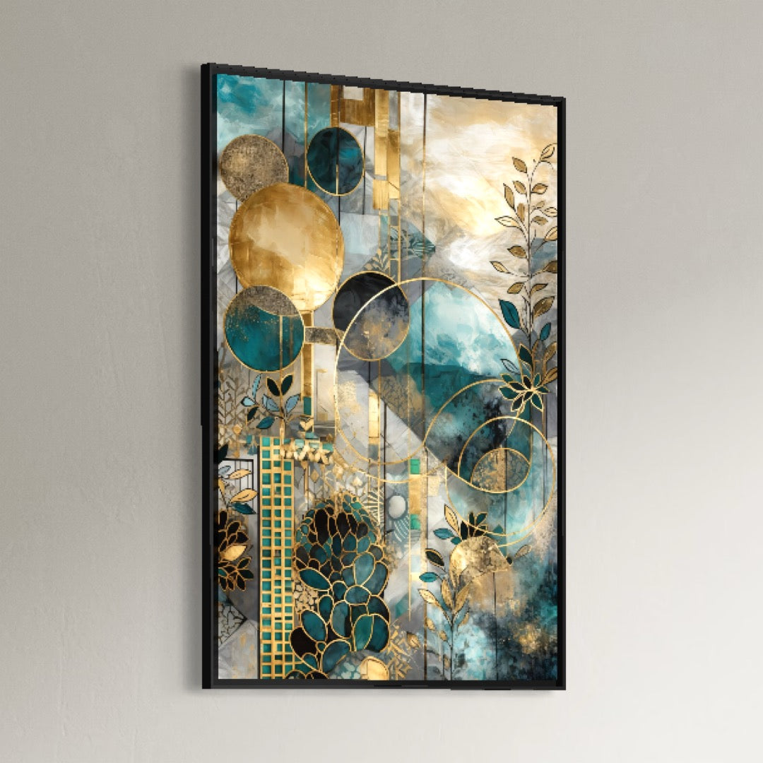 Tablou Canvas Premium, LuxCanva® C1278, Armonii vegetale, Geometrie, Culori, Abstract, Auriu, Vegetal, Organic, Calm, Armonie, Fluid, Natura, Lumina, Forme, Linii, Birou, Living, Dormitor