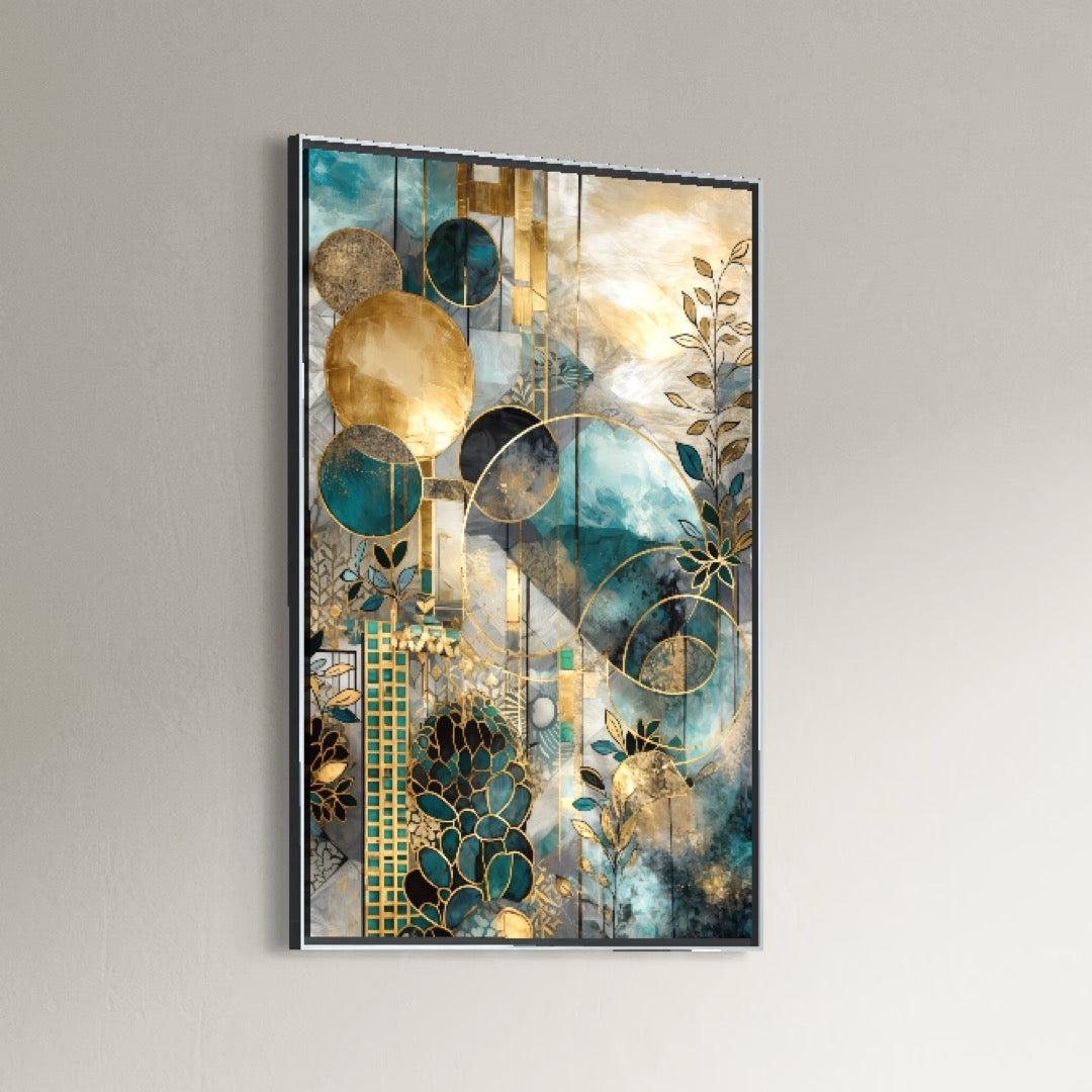 Tablou Canvas Premium, LuxCanva® C1278, Armonii vegetale, Geometrie, Culori, Abstract, Auriu, Vegetal, Organic, Calm, Armonie, Fluid, Natura, Lumina, Forme, Linii, Birou, Living, Dormitor