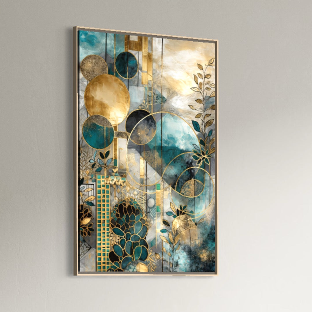 Tablou Canvas Premium, LuxCanva® C1278, Armonii vegetale, Geometrie, Culori, Abstract, Auriu, Vegetal, Organic, Calm, Armonie, Fluid, Natura, Lumina, Forme, Linii, Birou, Living, Dormitor