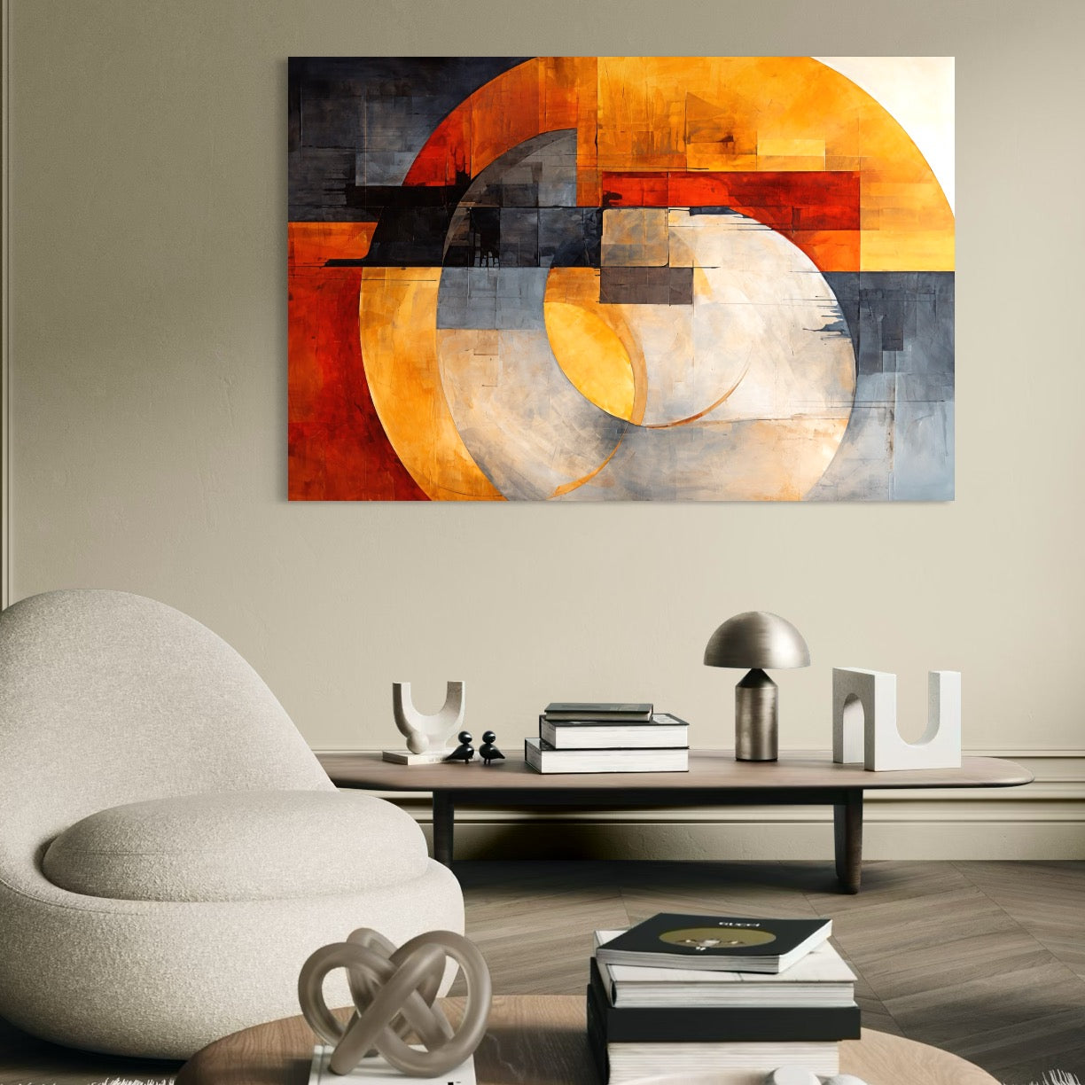 Tablou Canvas Premium, LuxCanva® C1279, Geometrii solare, Geometrie, Culori, Abstract, Ocru, Gri, Auriu, Solar, Arhitectural, Timp, Incandescent, Ardere, Vis, Univers, Birou, Living, Dormitor