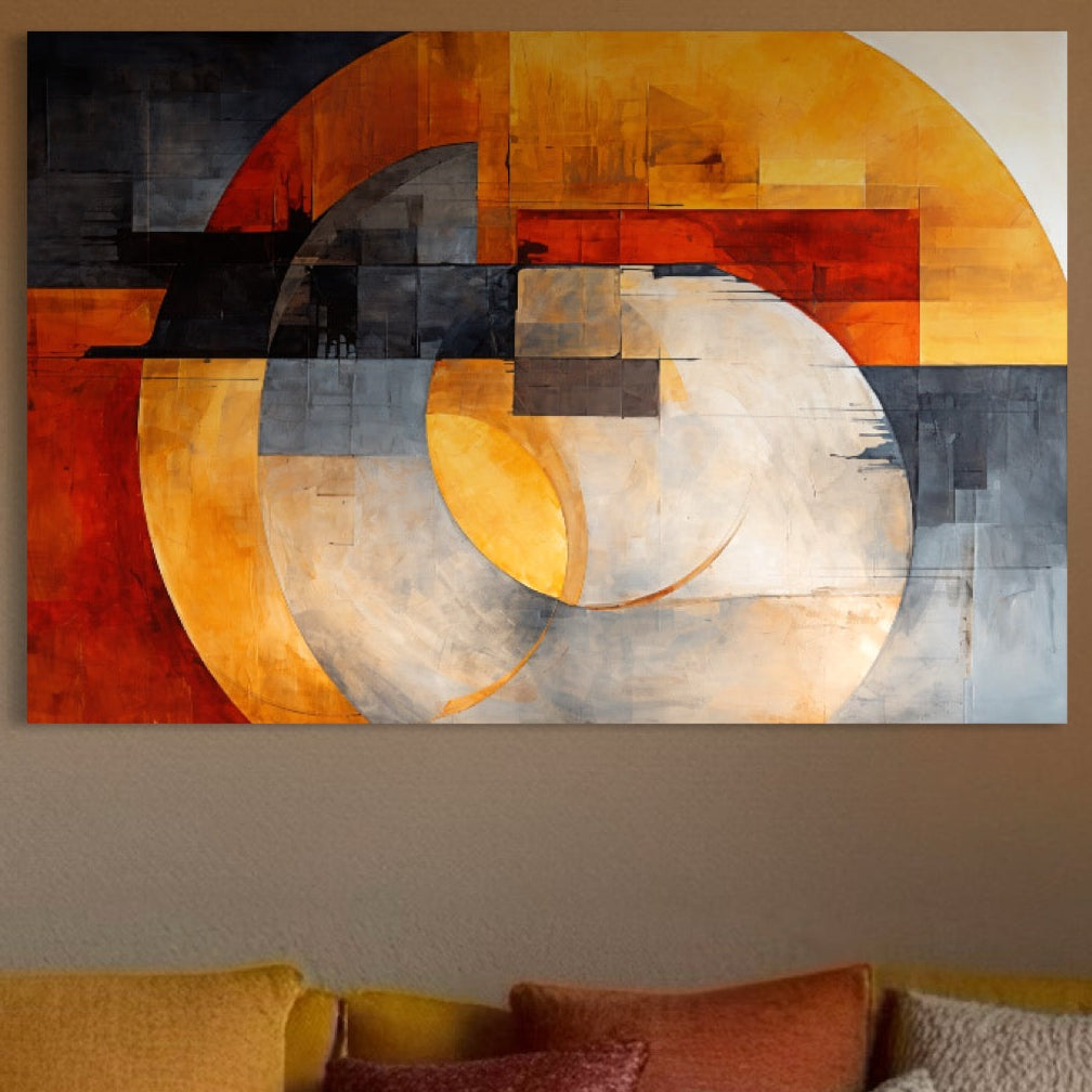 Tablou Canvas Premium, LuxCanva® C1279, Geometrii solare, Geometrie, Culori, Abstract, Ocru, Gri, Auriu, Solar, Arhitectural, Timp, Incandescent, Ardere, Vis, Univers, Birou, Living, Dormitor