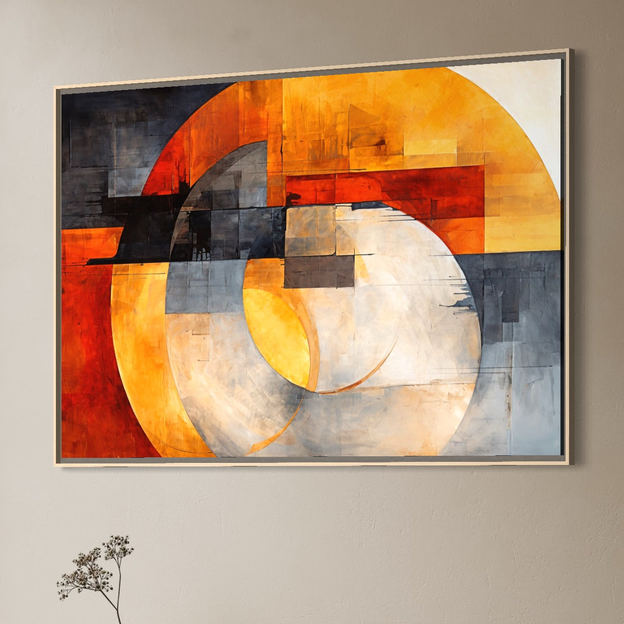 Tablou Canvas Premium, LuxCanva® C1279, Geometrii solare, Geometrie, Culori, Abstract, Ocru, Gri, Auriu, Solar, Arhitectural, Timp, Incandescent, Ardere, Vis, Univers, Birou, Living, Dormitor